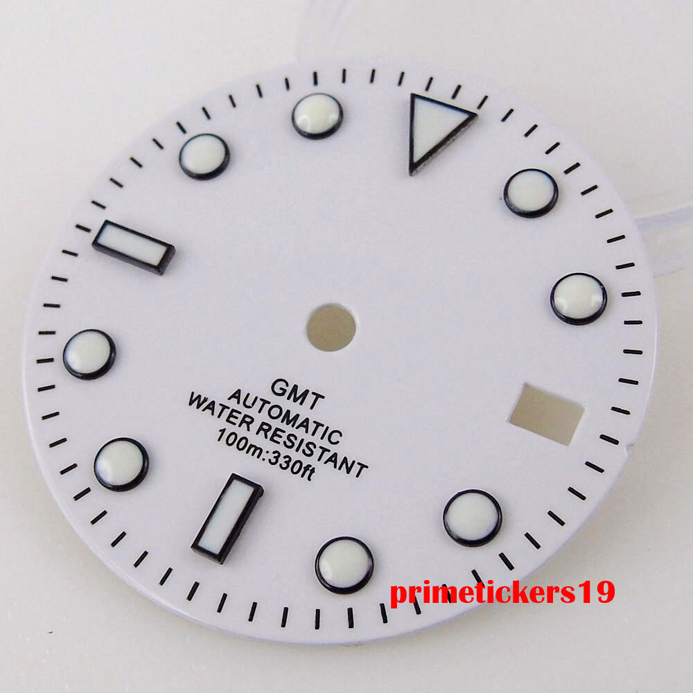 29mm White Watch Dial Date Black Orange Hands Luminous Fit NH34 GMT Movement