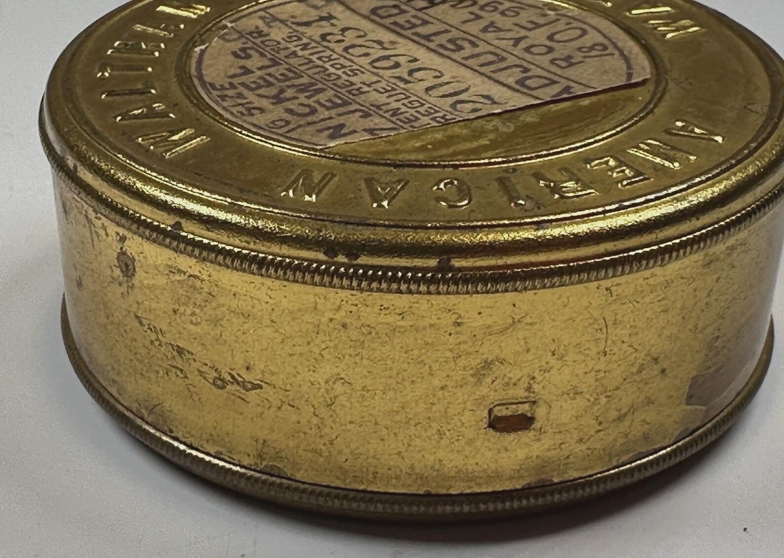 American Waltham Watch Co Brass Pocket Watch Movement Storage Tin Label Empty