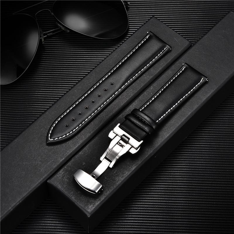 Leather Watch Band 18mm 20mm 22mm 24mm Straps Stainless Steel Butterfly Buckle C