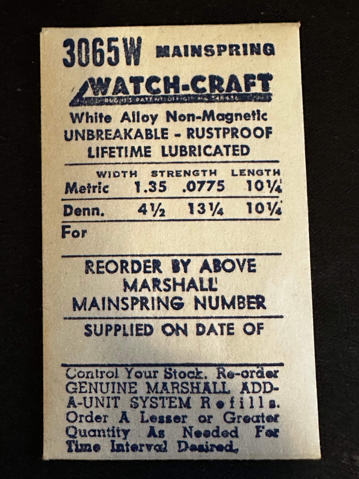 WATCH-CRAFT Mainspring 3065W for Font 120, 123, 123-1, Benrus AI – Alloy