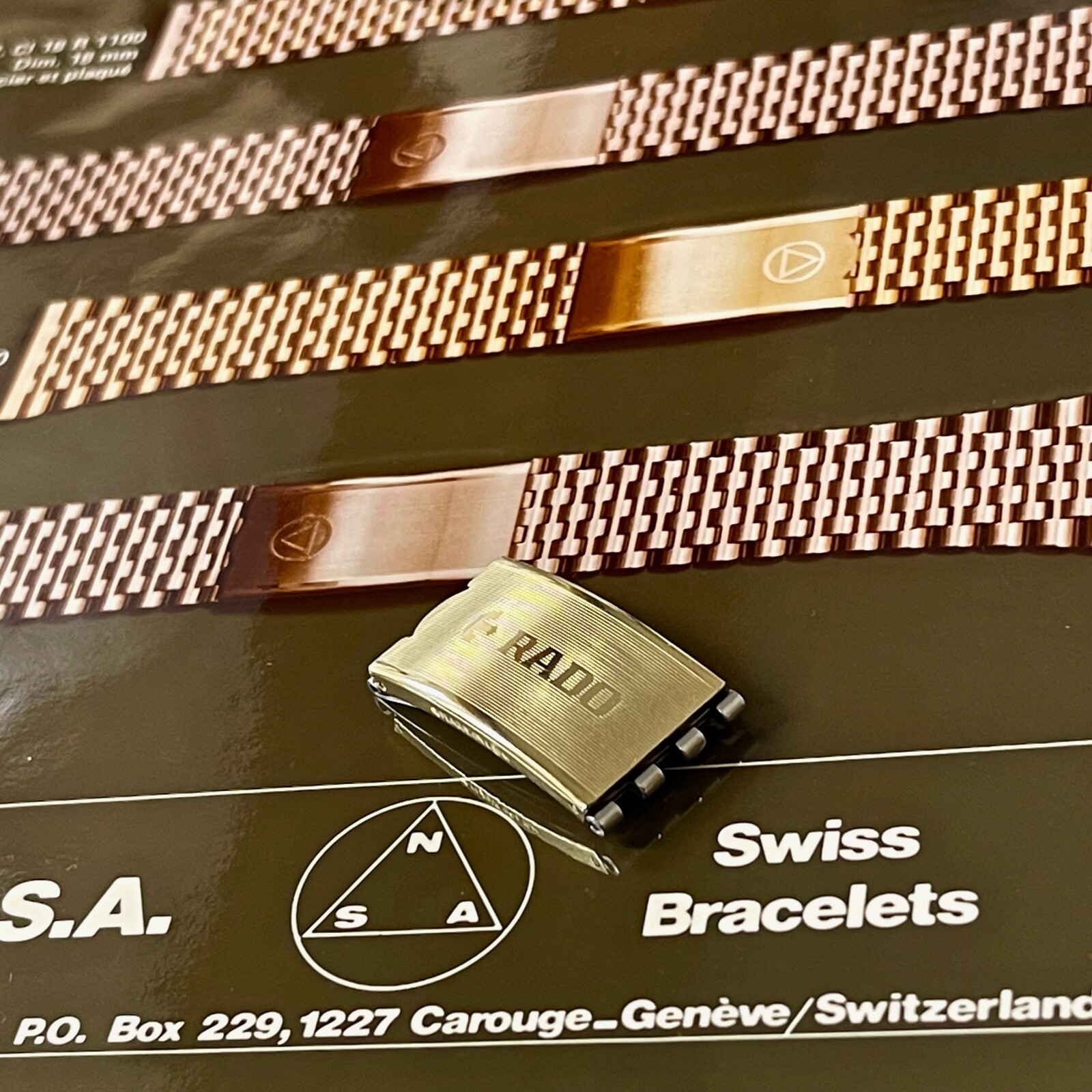 Vintage 7-row Rado NSA watch bracelet complete NOS clasp yellow gold plate Swiss