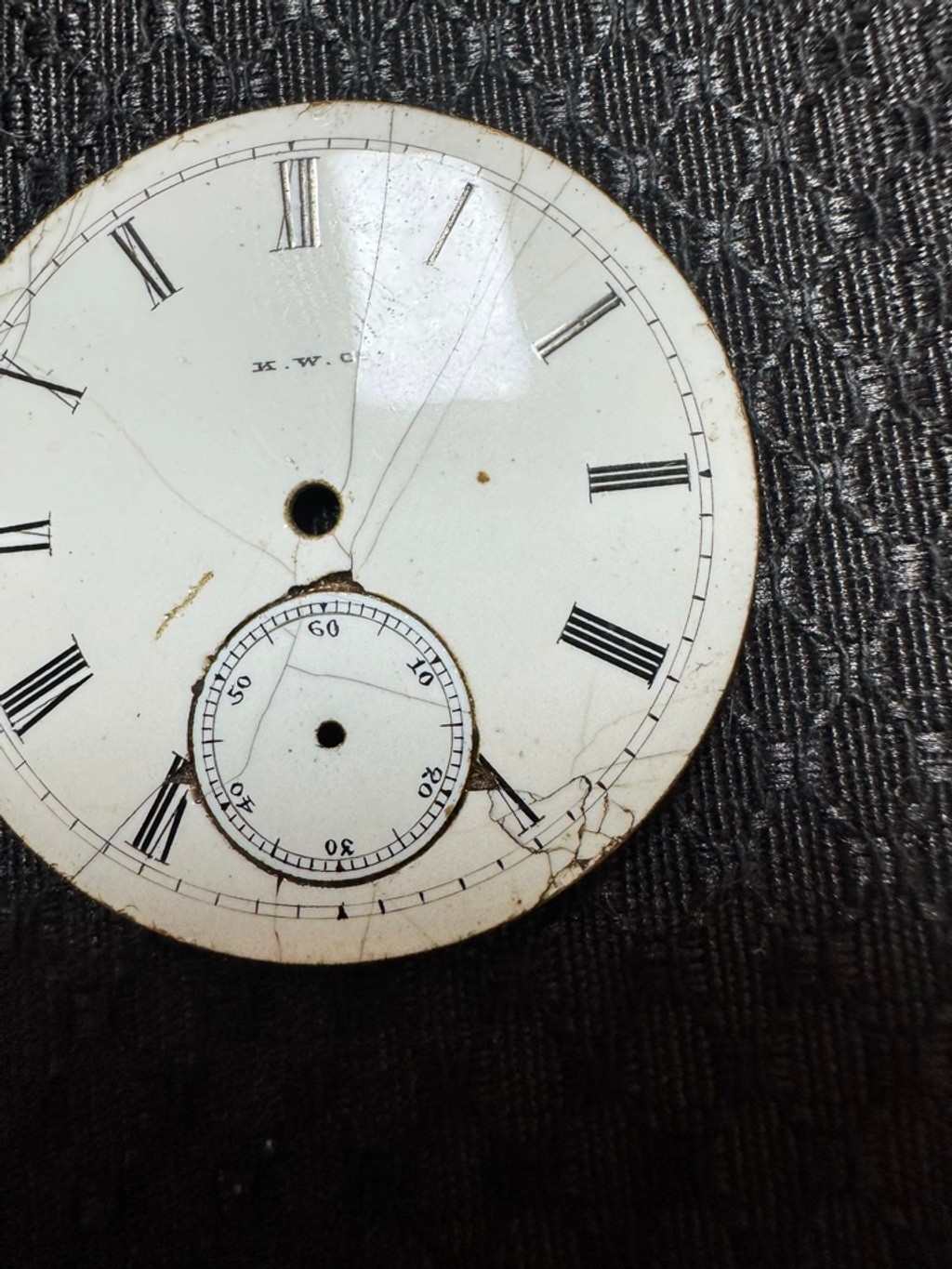 K.W.Co. 18s Roman Numeral Enamel Pocket Watch Dial Chips/Harlines