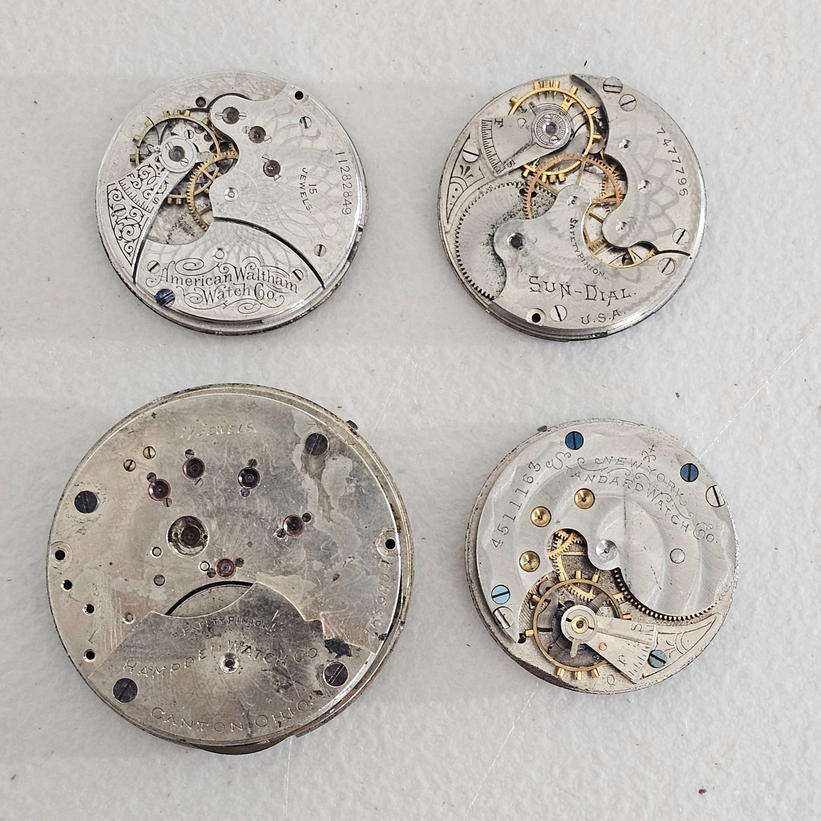 Lot of 4 American Pocket Watch Movements For Parts Waltham Hampden SunDial NY