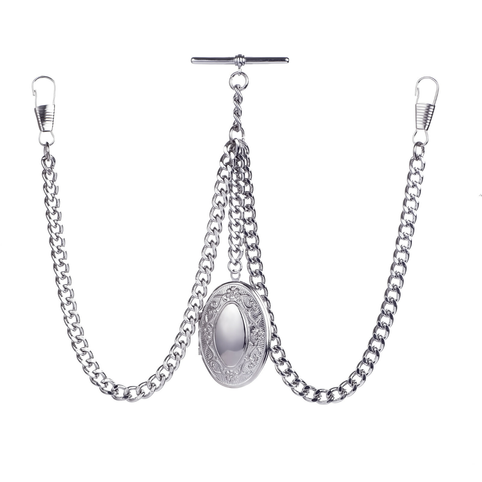 Brand New Silver Colour Double Albert Pocket Watch Chain With Locket