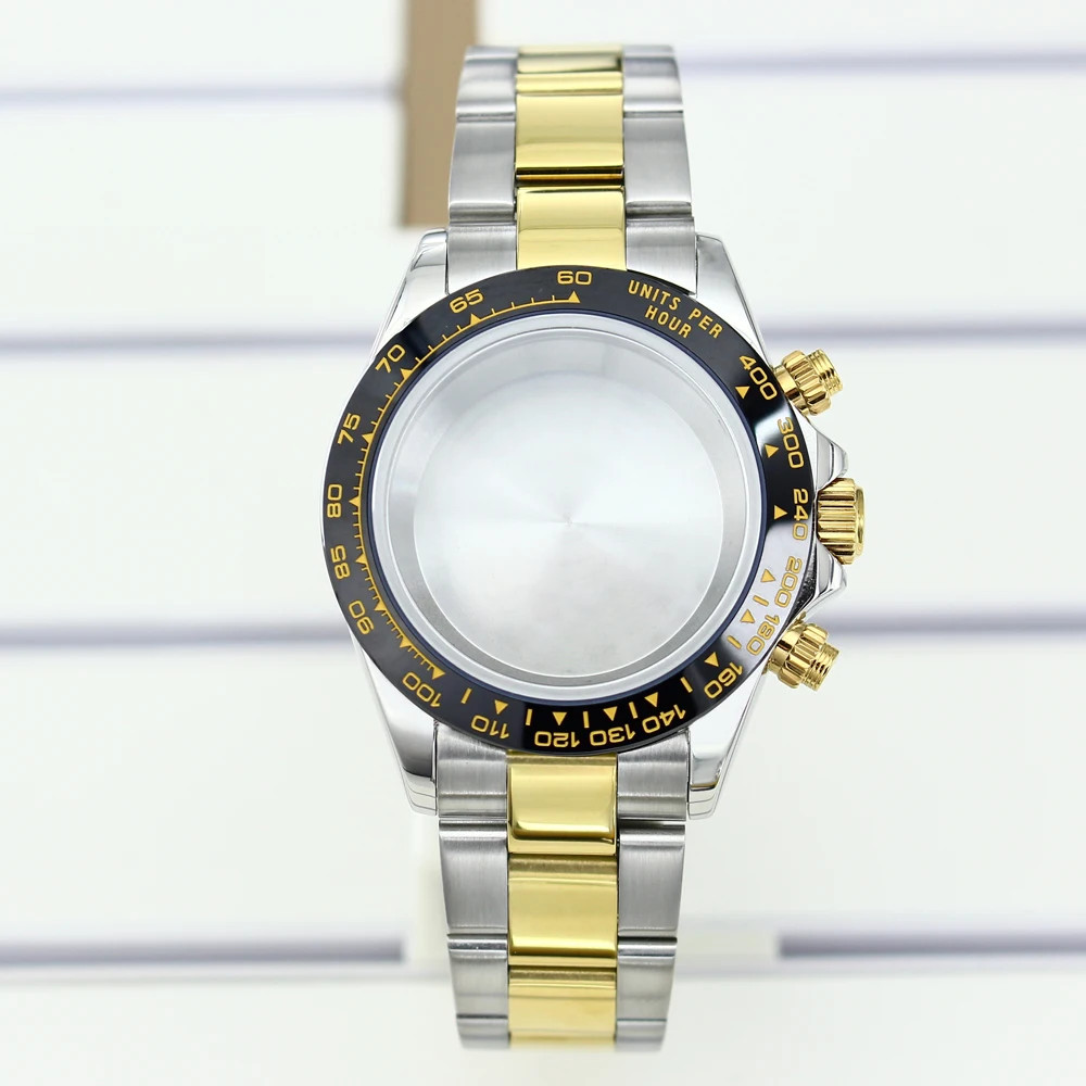 39mm Watch Case Strap Sapphire Glass Fixed ceramic ring For Seiko VK63 Movement