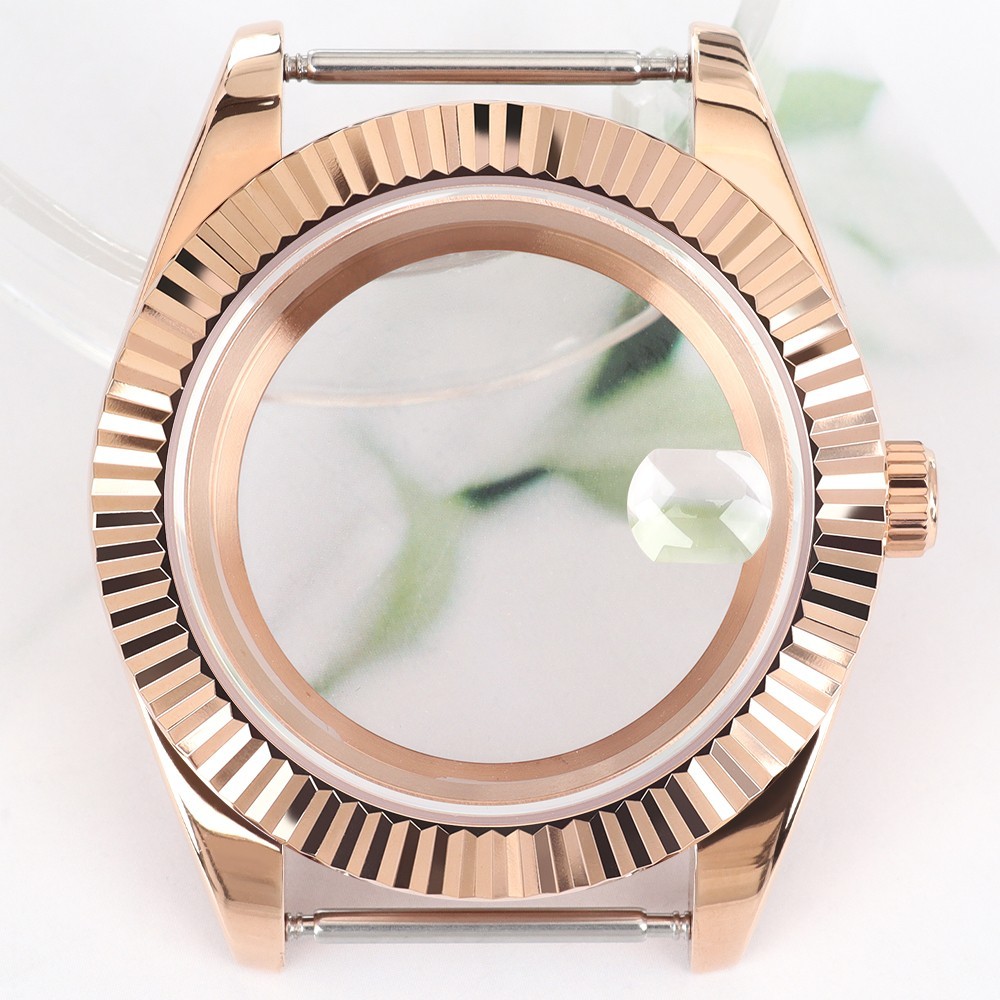 Fluted Bezel Oyster Watch Case 36mm/39mm Rose Gold Sapphire For Seiko NH35 NH36