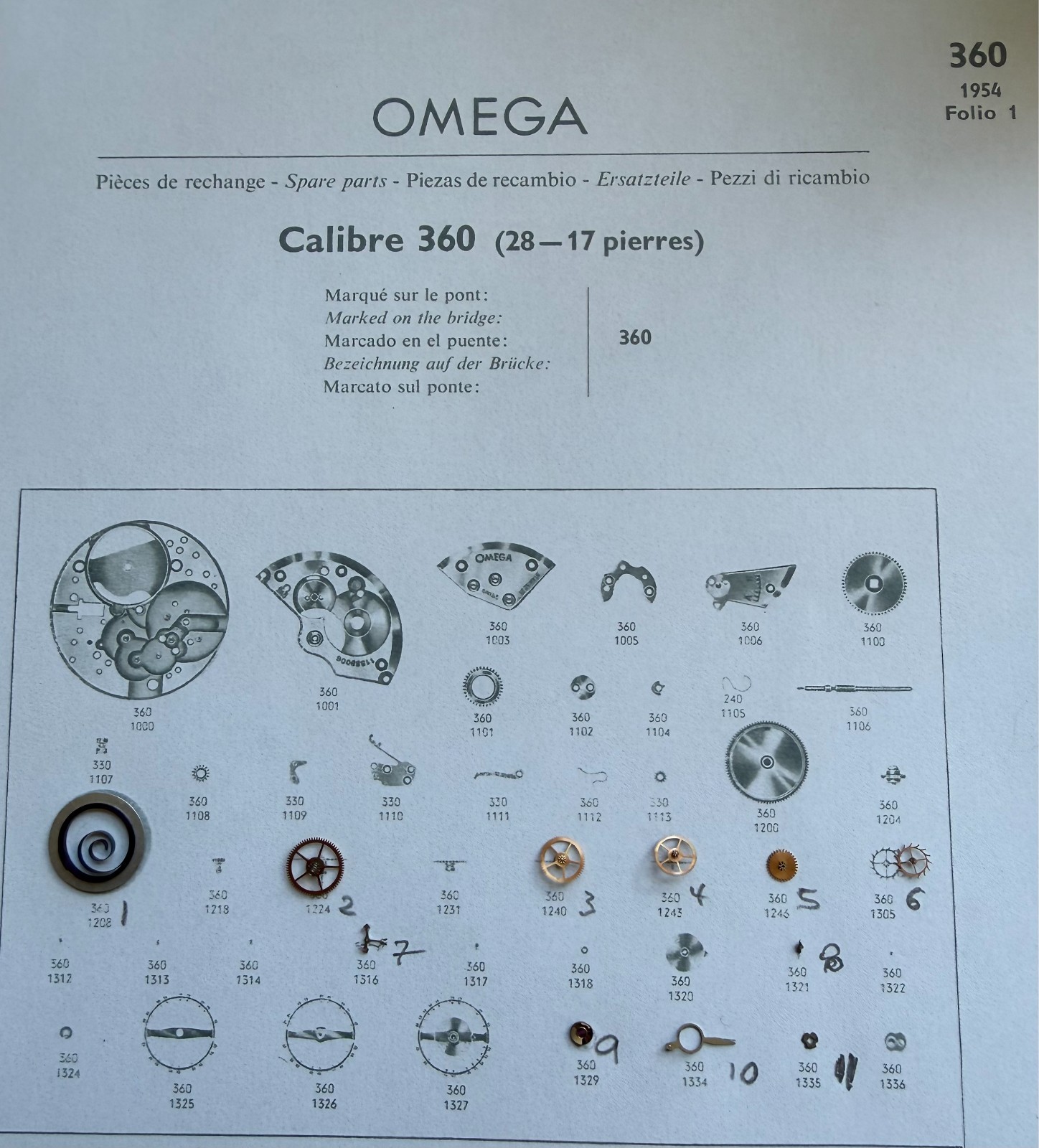 NOS Omega cal 28 360 361 28SC 370 371 372 movement parts check list
