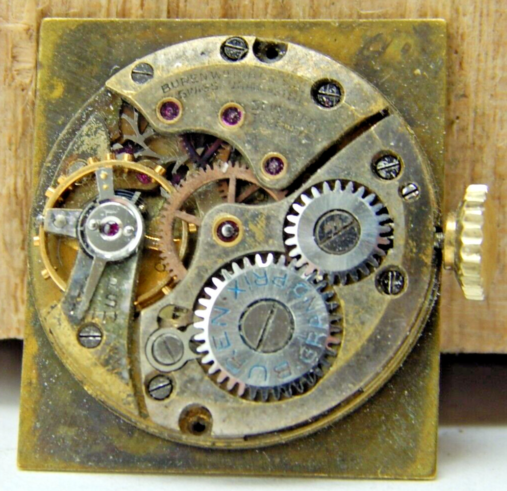 Vintage Buren 17 jewel men’s wrist watch movement with dial, hands and crown