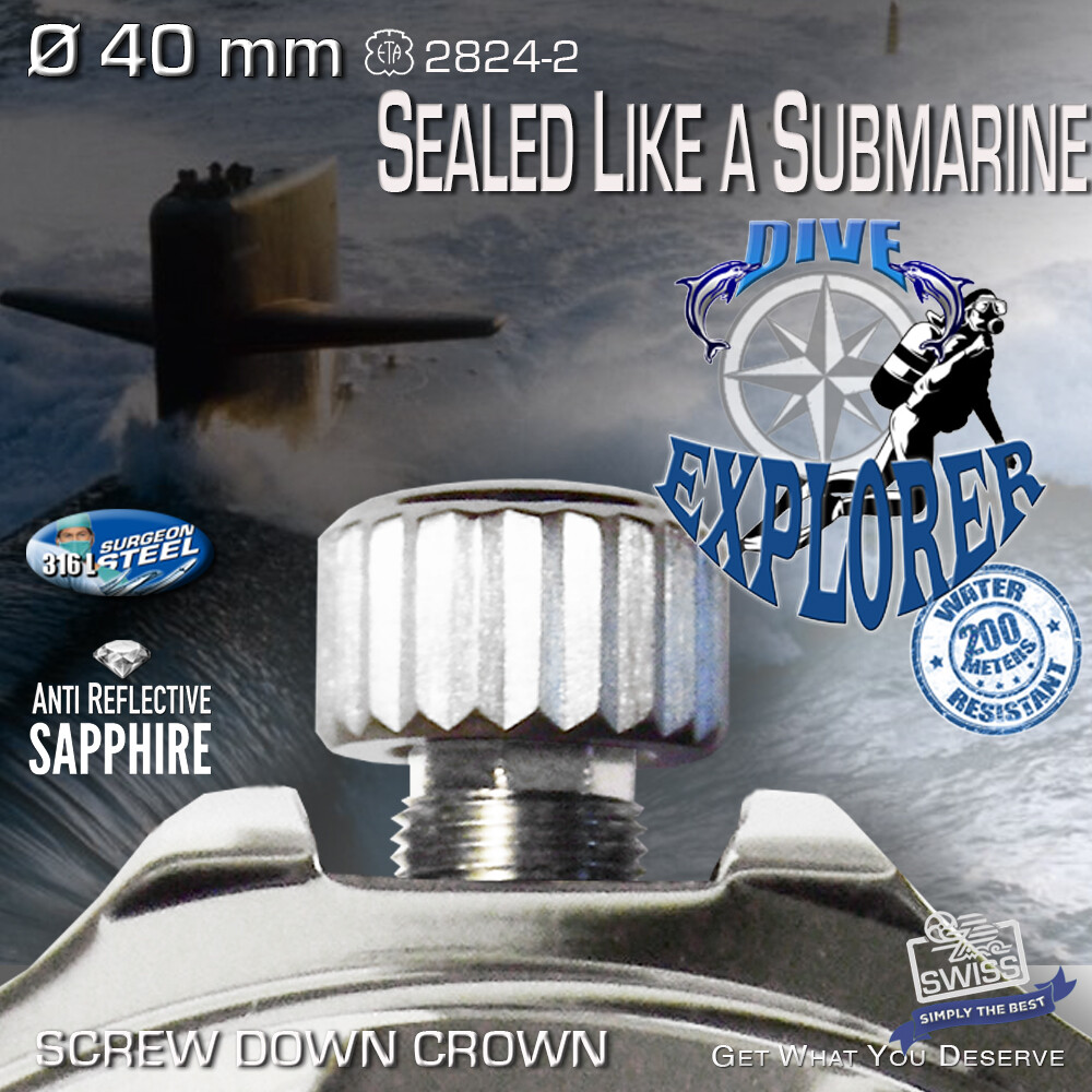 WATCH CASE SUBMARINE DIVE EXPLORER fit ETA 2824, SW200, Ø 40 MM, 200M w.r.