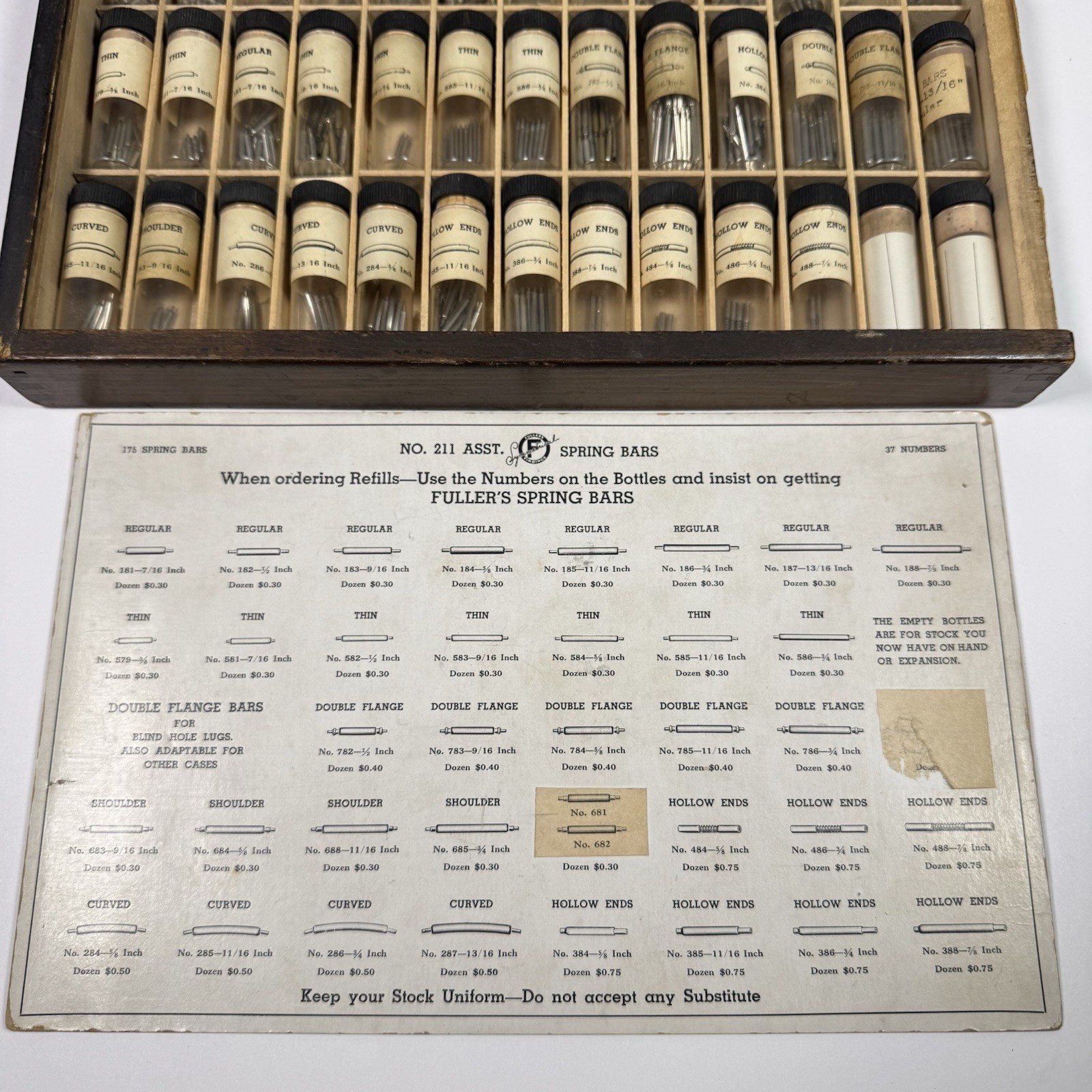 Fuller Spring Bars Set In Original Wooden Box For Wristwatch Watchmakers Vtg
