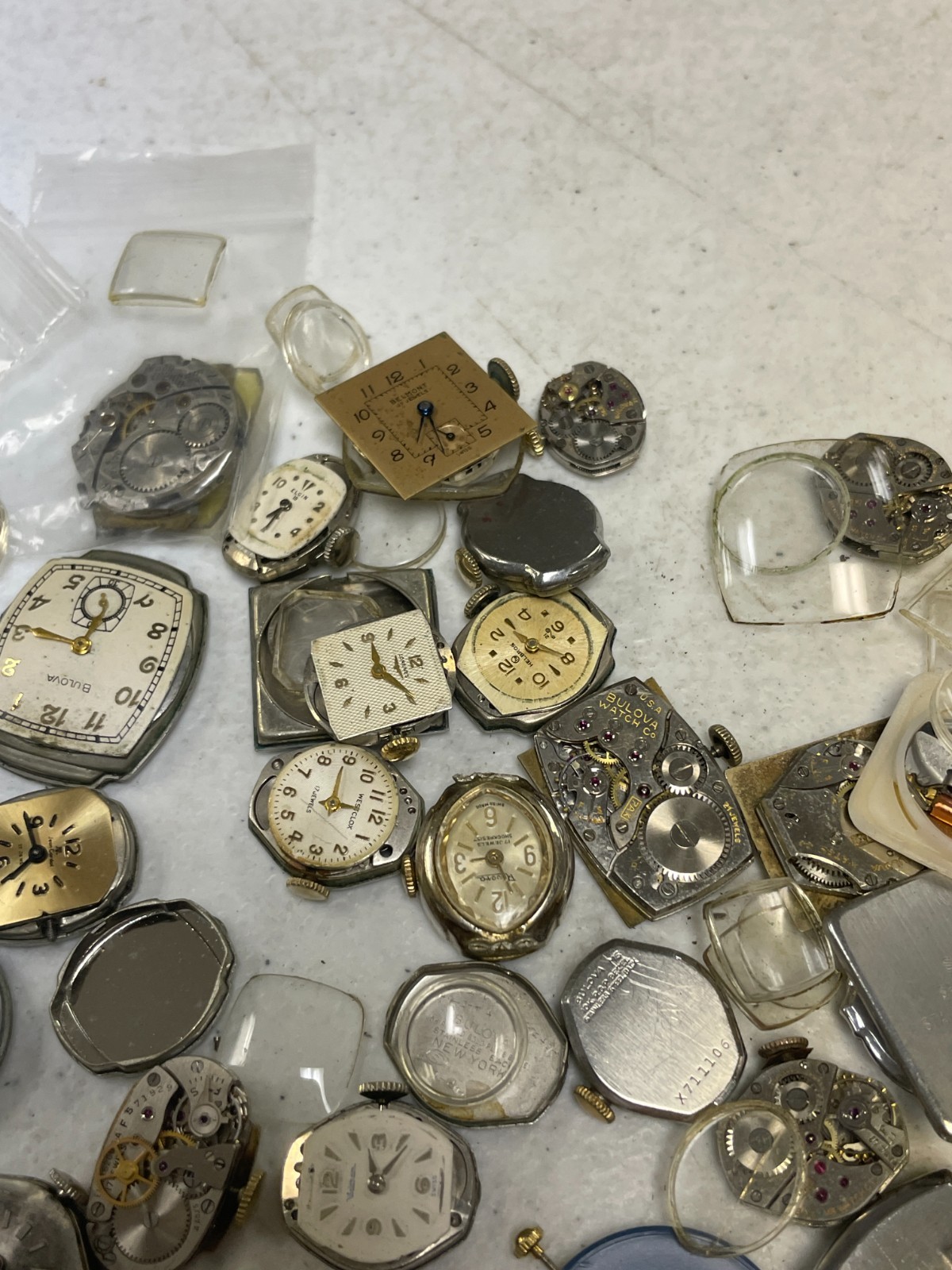 Vintage Watch Repair Parts Lot Movements Cases Dials Crystals Bulova Elgin Craft