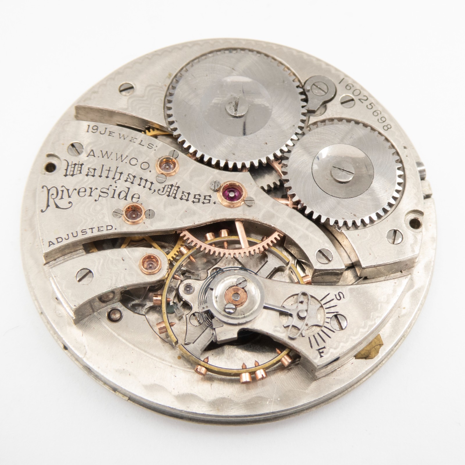 Waltham Riverside Colonial 14-Size 19-Jewel Antique Pocket Watch Movement, Runs
