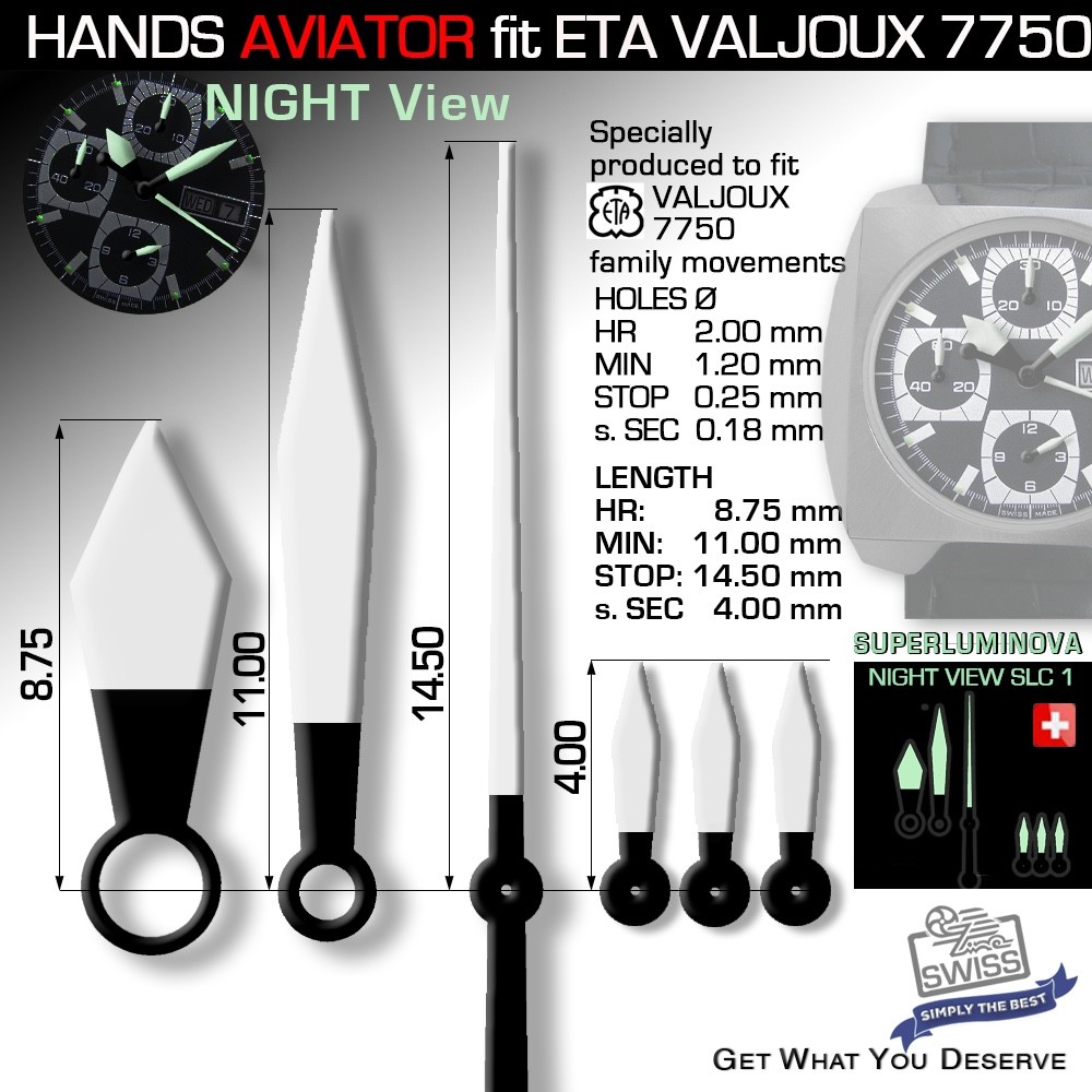 HANDS SET FOR MOVEMENT ETA VALJOUX 7750, AVIATOR, SWISS SUPERLUMINOVA SLC1