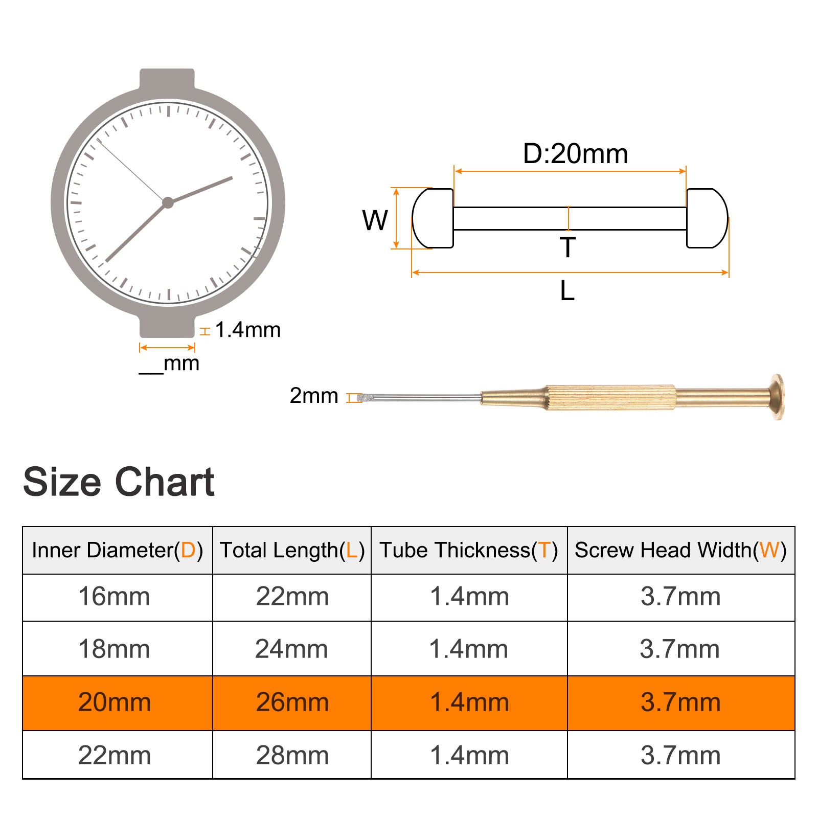 2 in 1 20mm Watch Screw Tube Rod with 2mm Slotted Screwdriver, Silver Tone