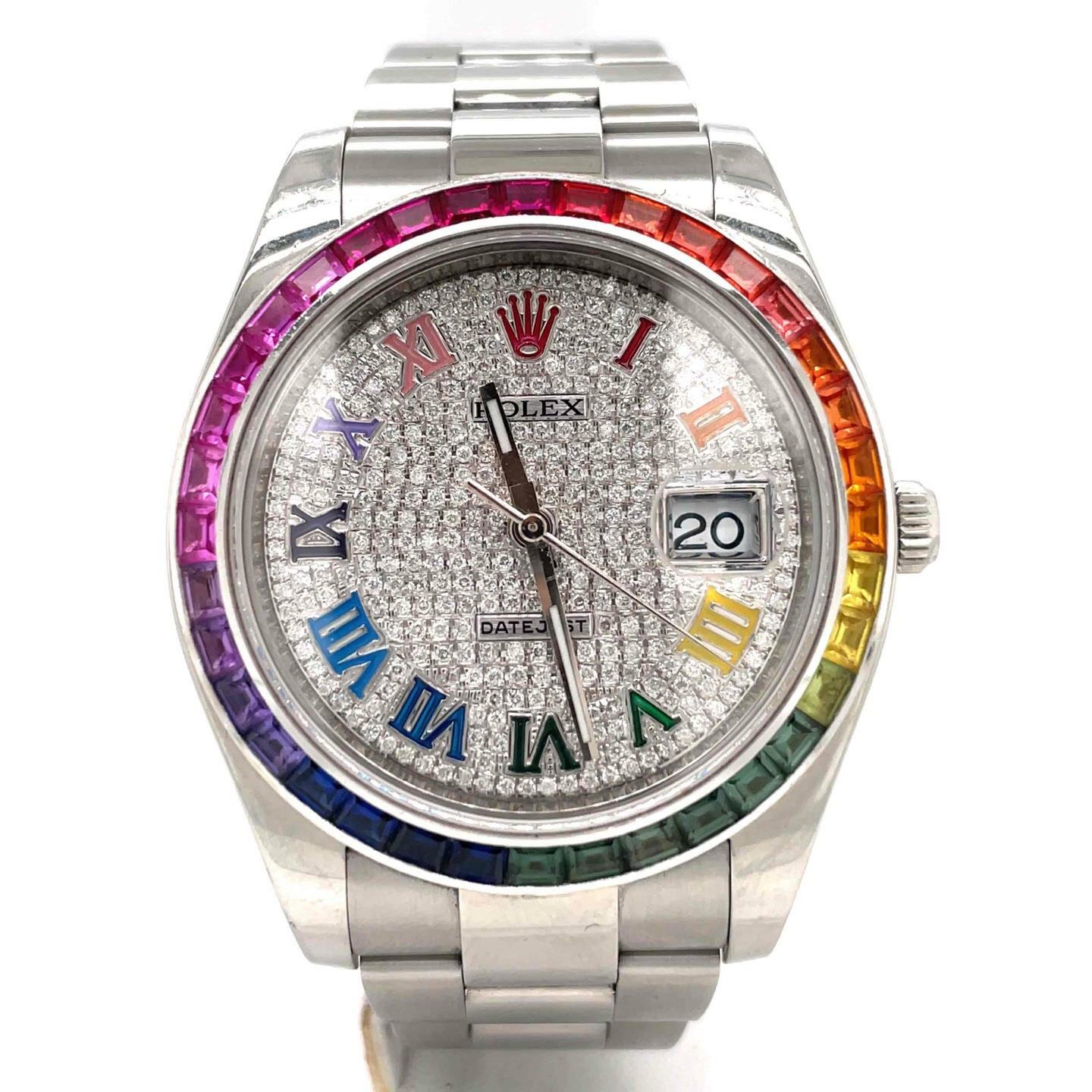 Rolex Datejust Automatic 41mm Custom Rainbow Bezel & Pave Dial Mens Watch 116300