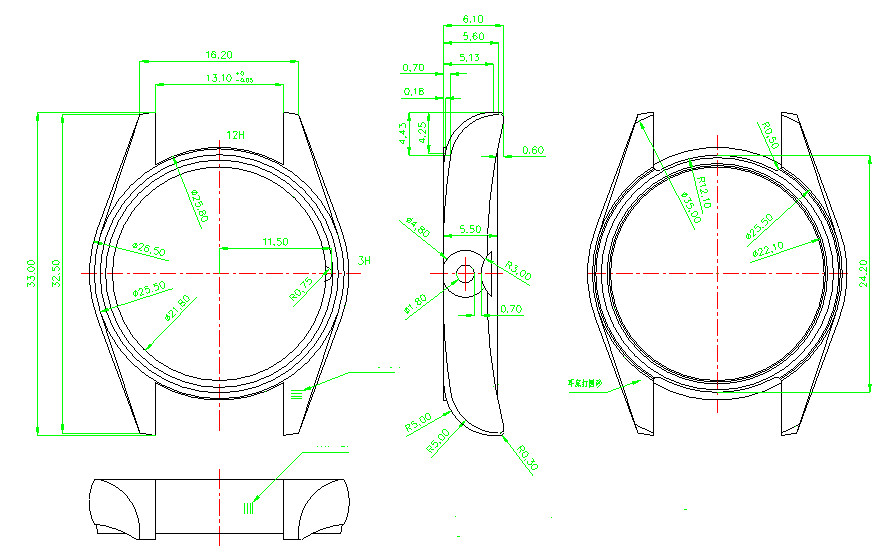 26.5mm glass Silver Watch Case back cover waterproof ring for 2035 Movement