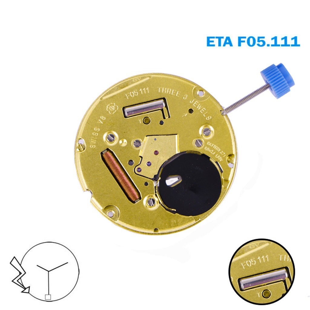 ETA F05.111 Swiss Watch Movement, Black Disk Date 6, 3Hands, 3 Jewels.
