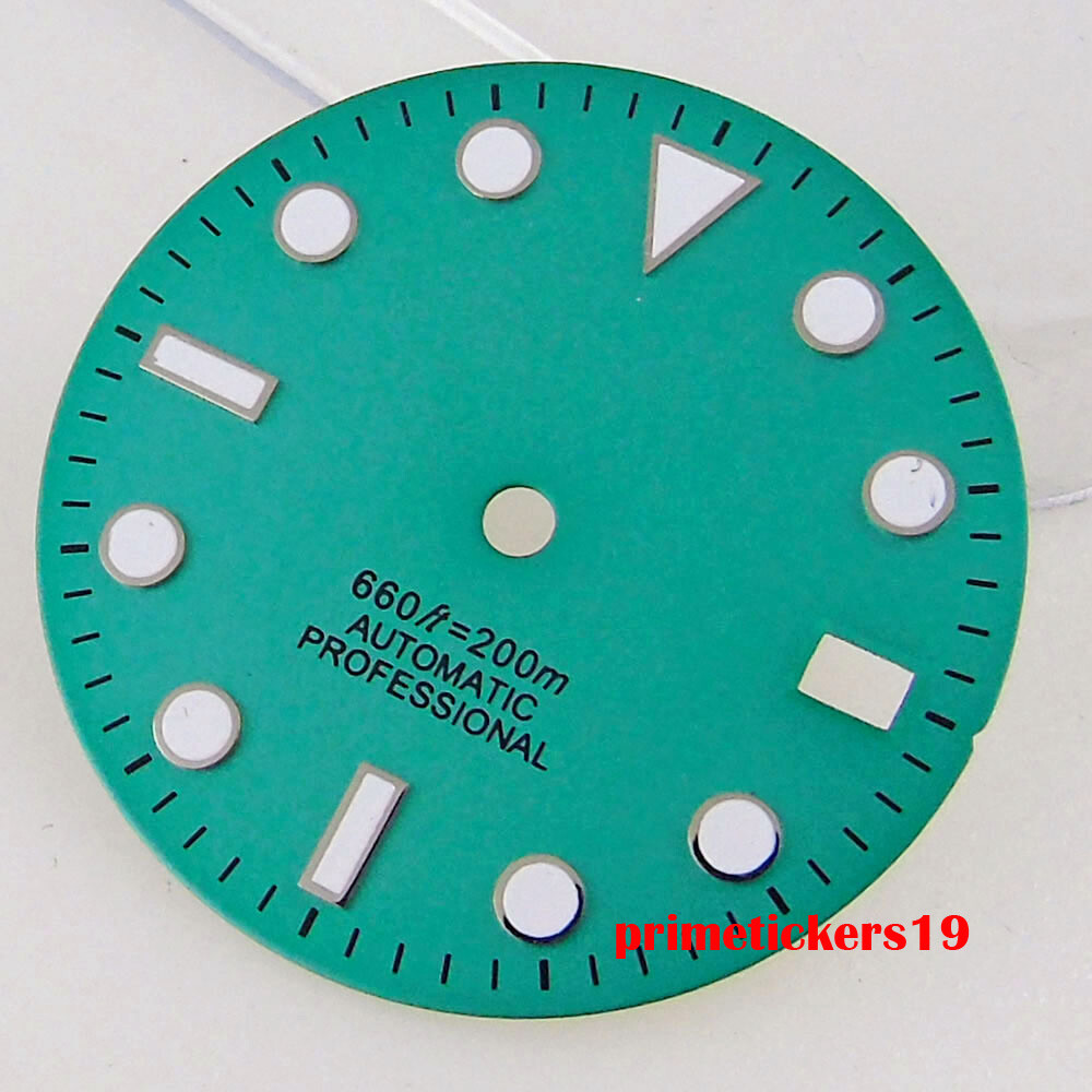 28.5mm Black/White/Green Sterile Watch Dial Face Hands Date Window Fit NH35 Movt