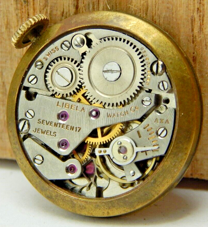 Vintage Libela 17 jewel wrist watch movement with dial hands & crown stem combo