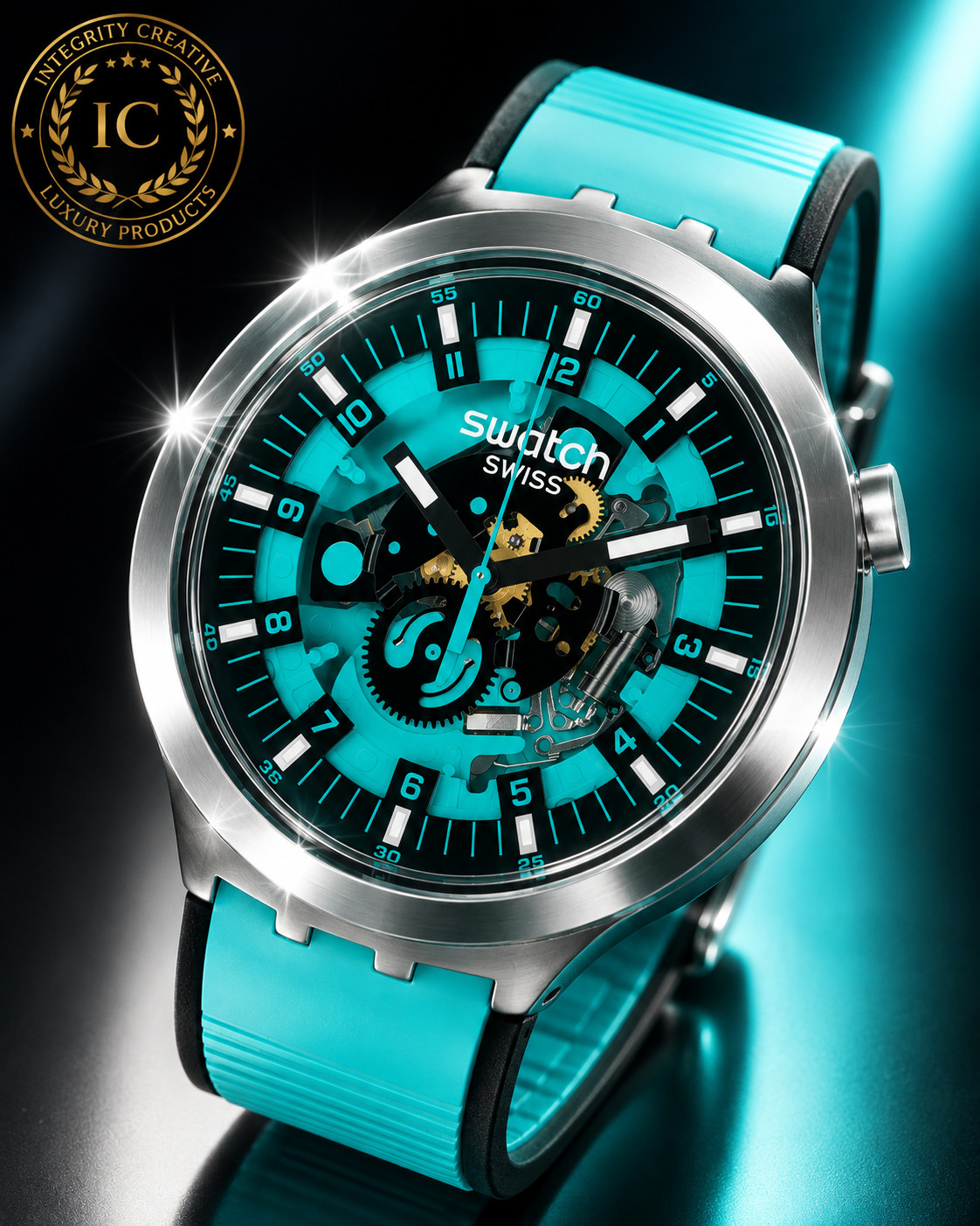 Swatch Unisex Oversized Watch Big Bold Irony Lacquered Blue Green Dial 47MM