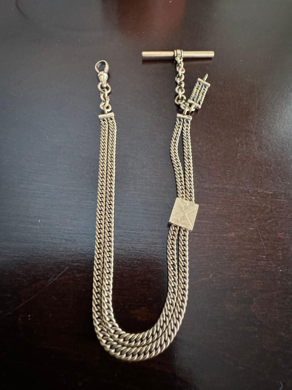 VINTAGE 11 INCH HEAVY SLIDE, T BAR POCKET WATCH CHAIN, HAS MARKING ON CLASP