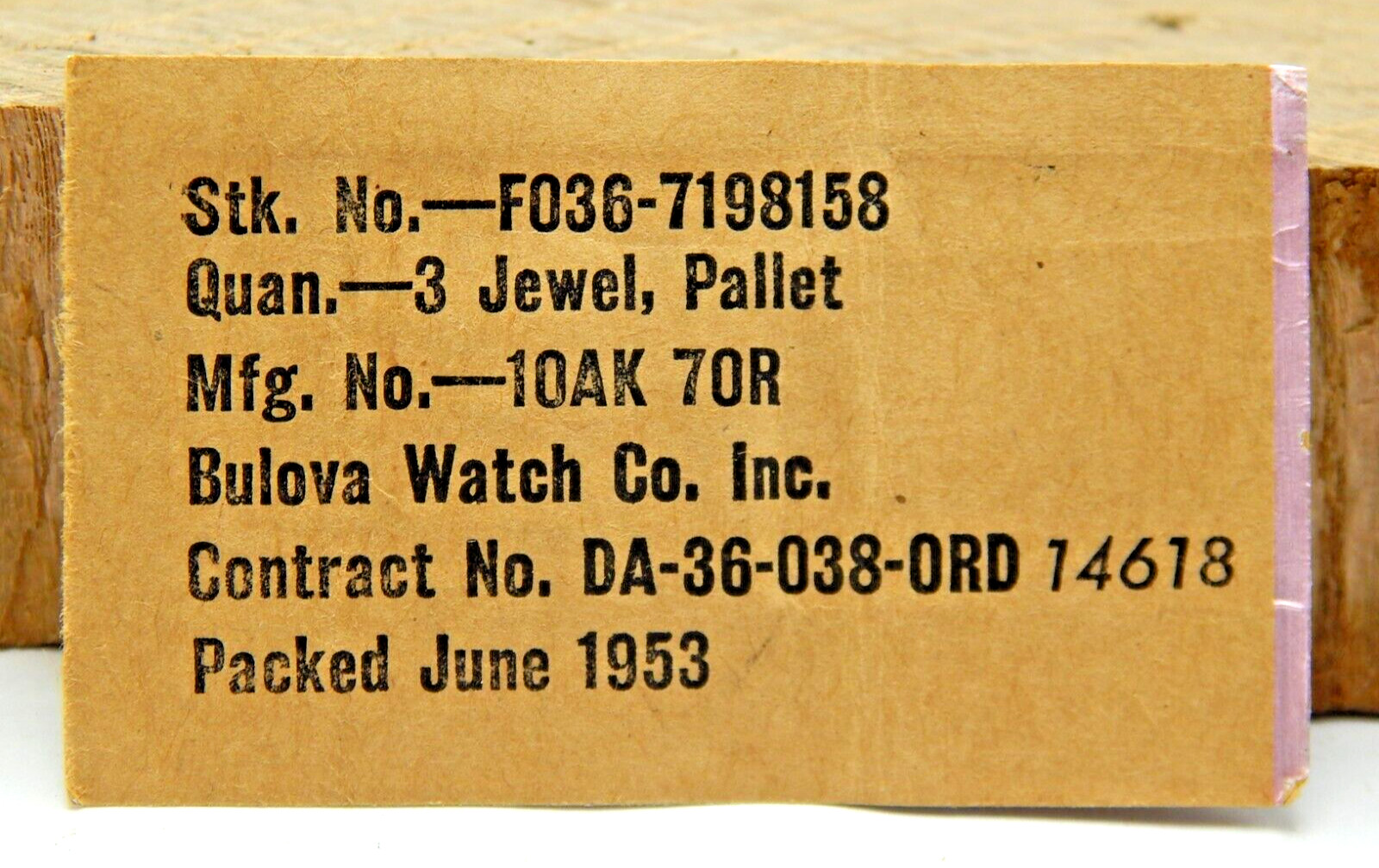 Military 1953 Bulova 10AK 70R 3 Pallet Jewel Stk # FO36-7198158 NOS Watch Part