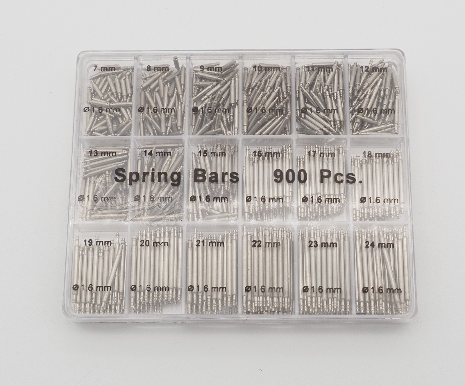Watch Spring Bar Assortment 900 Piece Stainless Steel 1.6 mm Diameter 7 to 24 mm