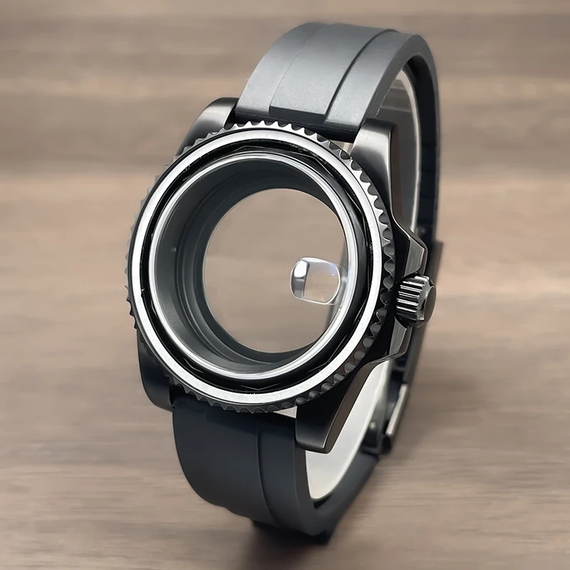 40mm NH35 Watch Case Sub Full Black Stainless Steel Sapphire Rubber Strap NH36