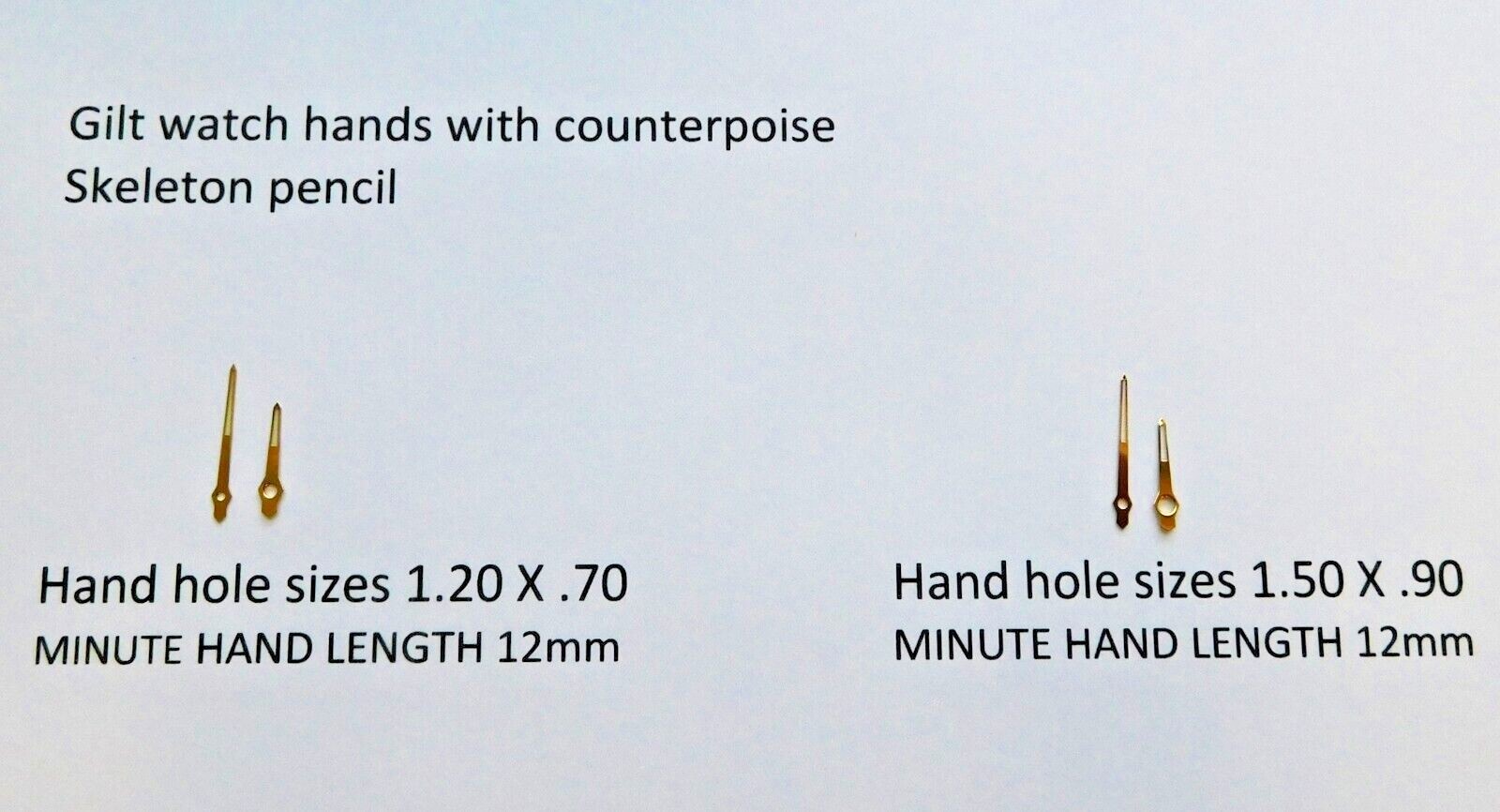 Skeleton pencil watch hands w/counterpoise GILT 1.20 x .70 or 1.50 x .90 x 1 pr