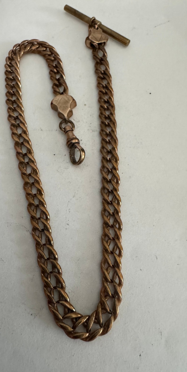 VINTAGE HEAVY 13 INCH POCKET WATCH CHAIN 7.10MM WIDE T- BAR YELLOW G.F.