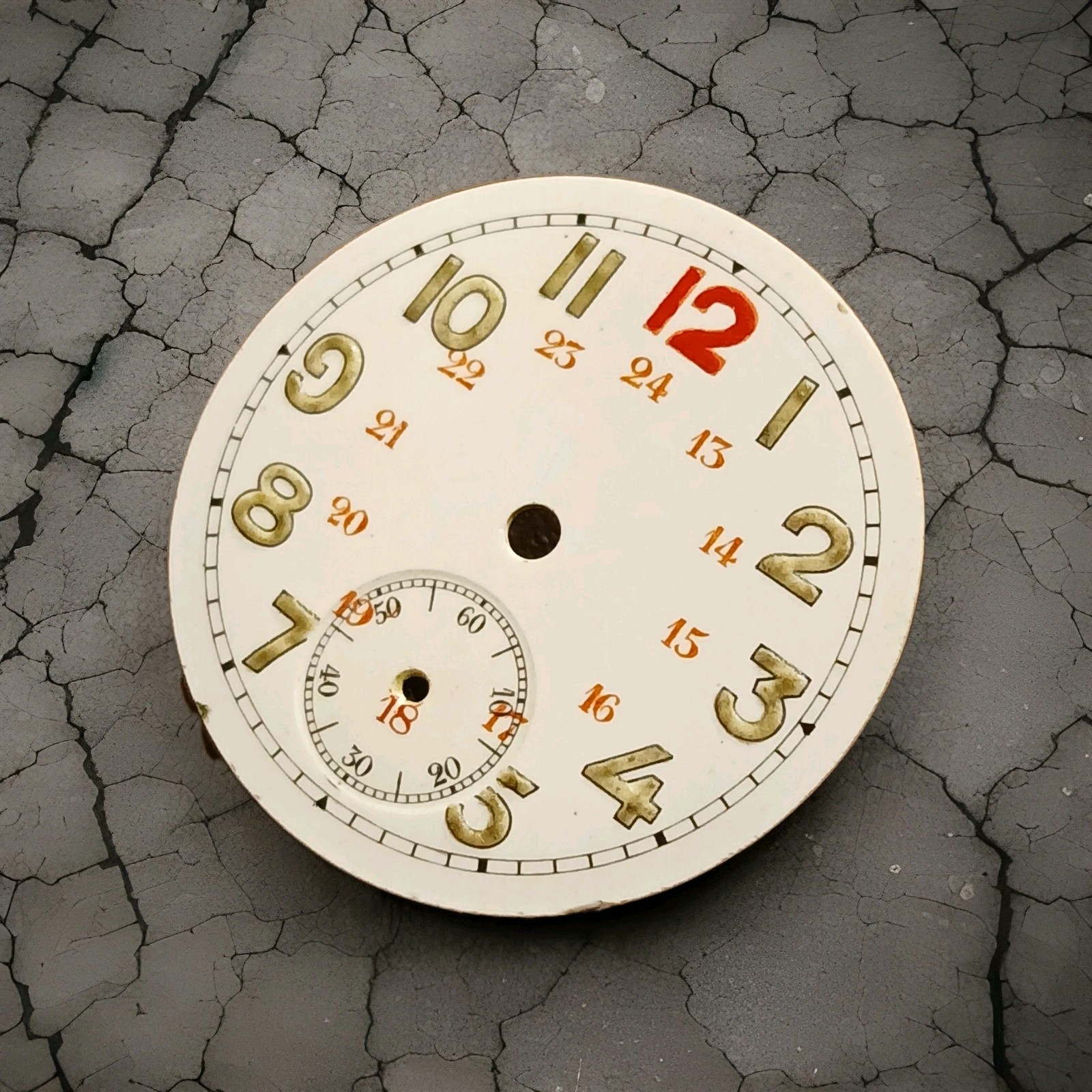 Vintage Porcelain WWI Military 24 Hour Red Numbers Trench Watch Dial 29.2 mm