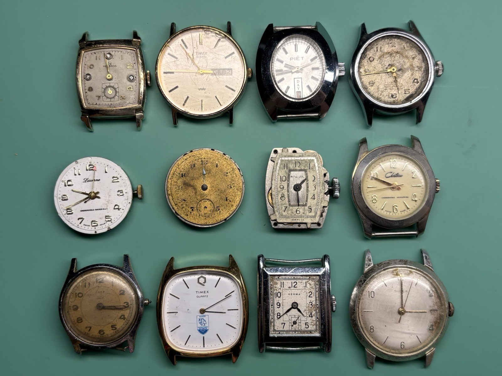 Vintage Watchmakers Project Repair Lot Timex Elgin Helbros Herma Movements 12 Pc