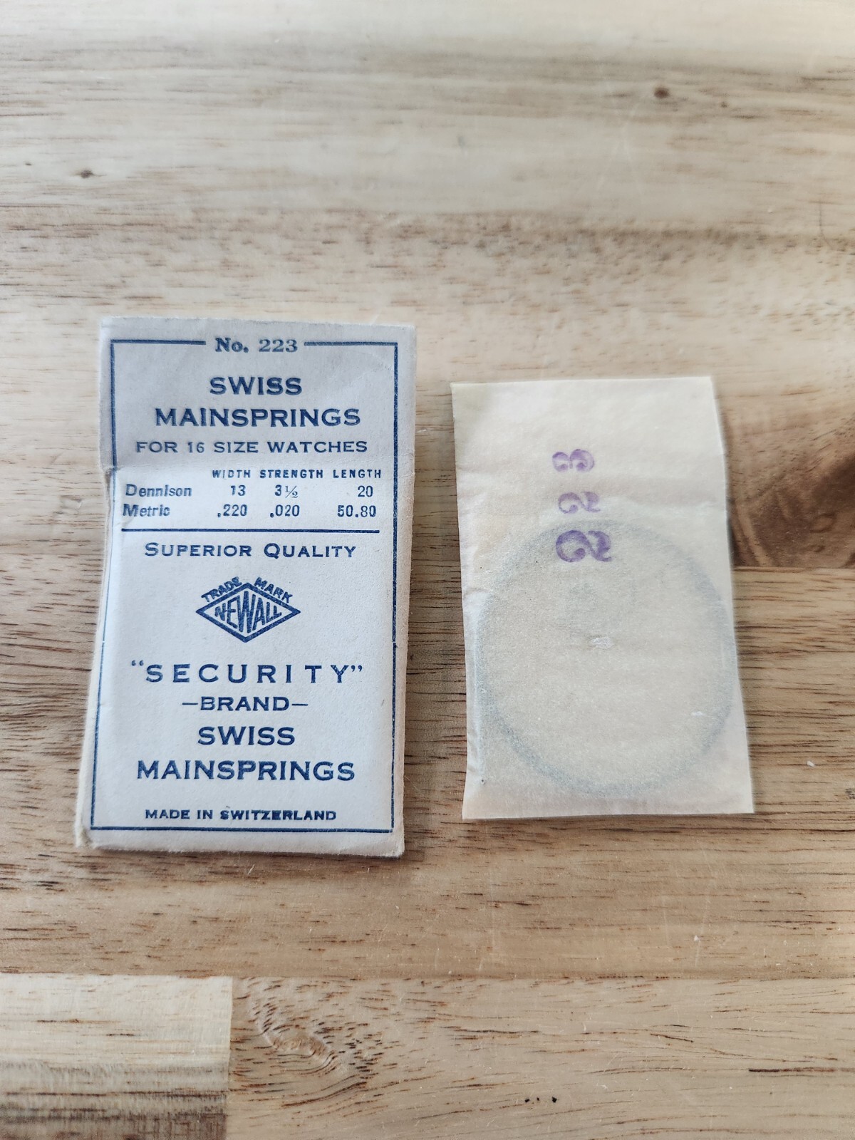 Newall Security Swiss Mainspring No. #223 for 16 Size Watches, .220 .020 50.80