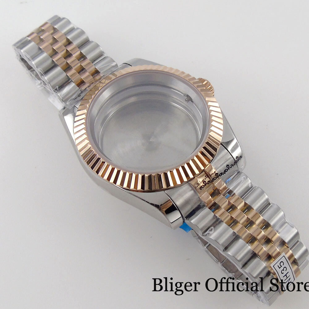 BLIGER 39MM Two Tone Gold Strap Watch Case Fluted Bezel fit NH35A NH36A PT5000