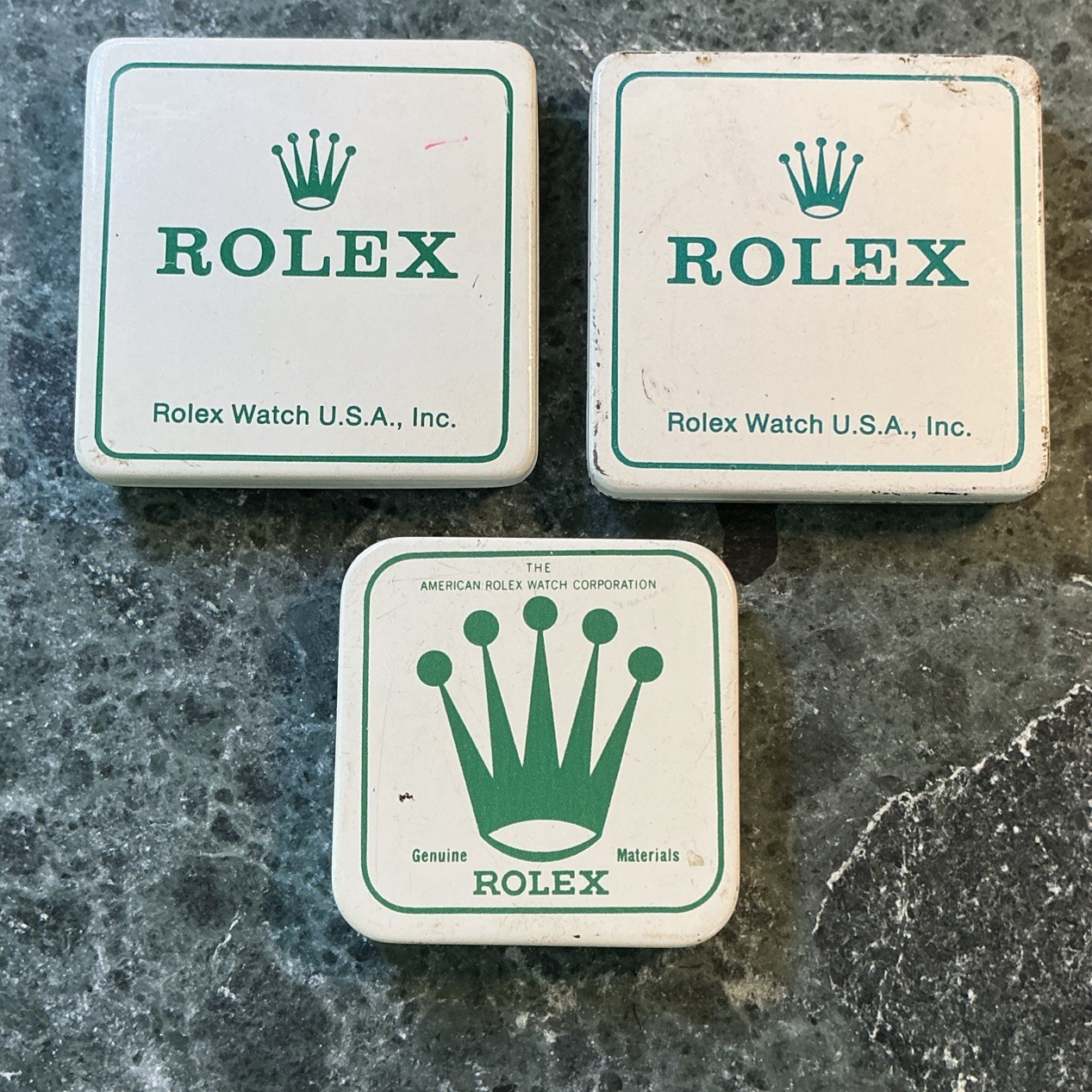 Vintage Genuine Rolex U.S.A Tin Metal Boxes for Watch Parts Service etc Lot of 3