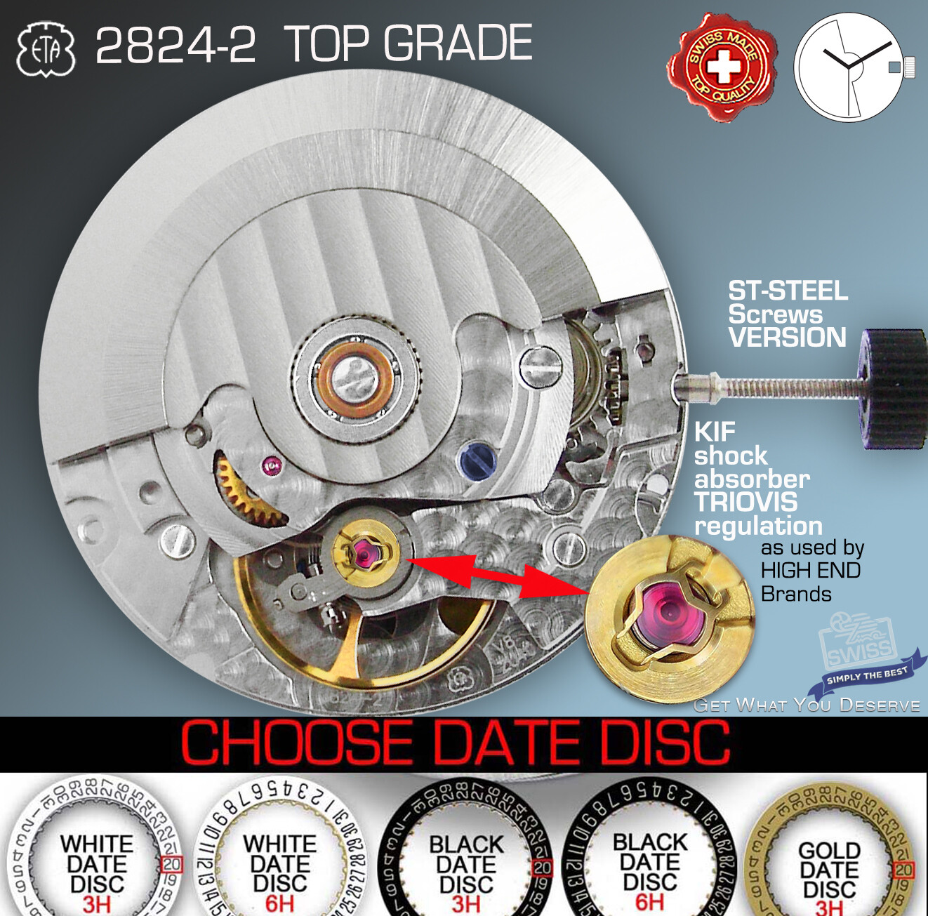 MOVEMENT AUTOMATIC ETA 2824-2 TOP GRADE, TRIOVIS REG. ST-SCREWS, 5 DATE VARI.
