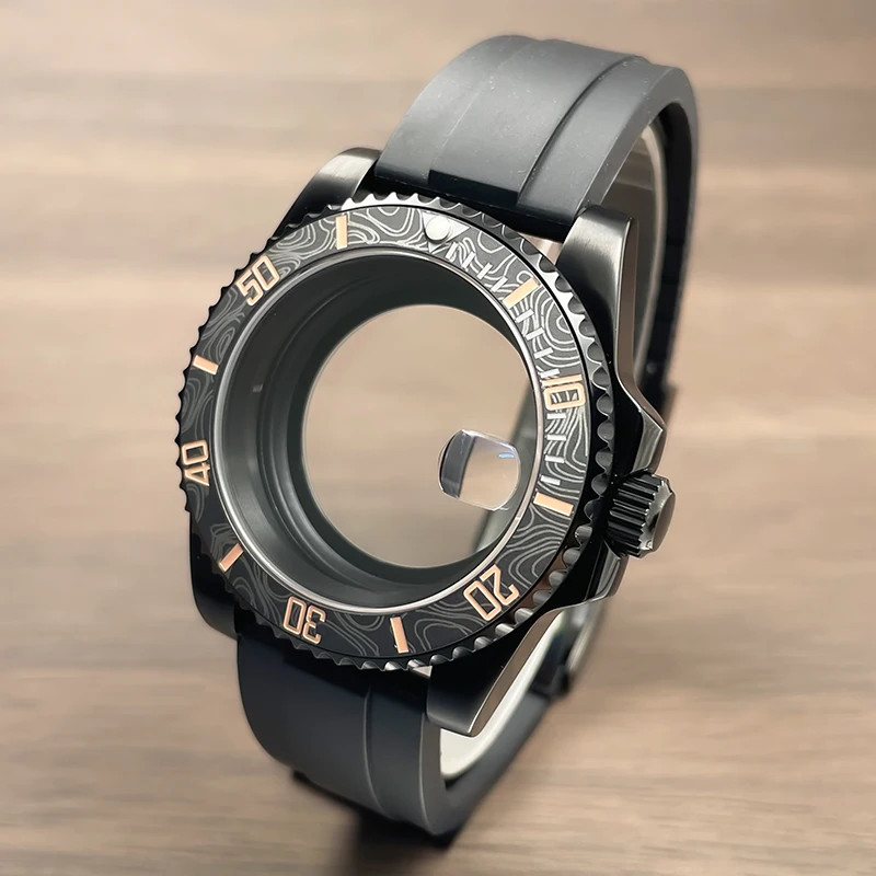 40mm NH35 Watch Case Sub Full Black Stainless Steel Sapphire Rubber Strap NH36