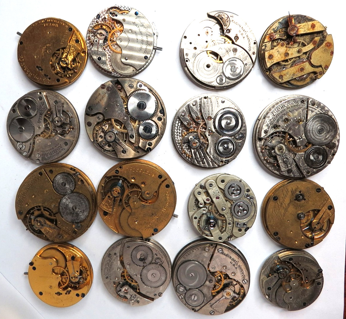 ANTIQUE LOT 16 DIFFERNT NAMES & SIZES POCKET WATCH MOVEMENT SELLING AS IS PARTS