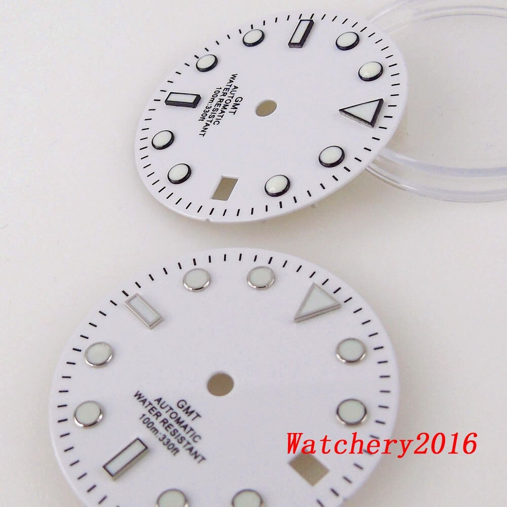29MM Green Luminous White Watch Dial Fit NH34 NH34A GMT Automatic Mens watch