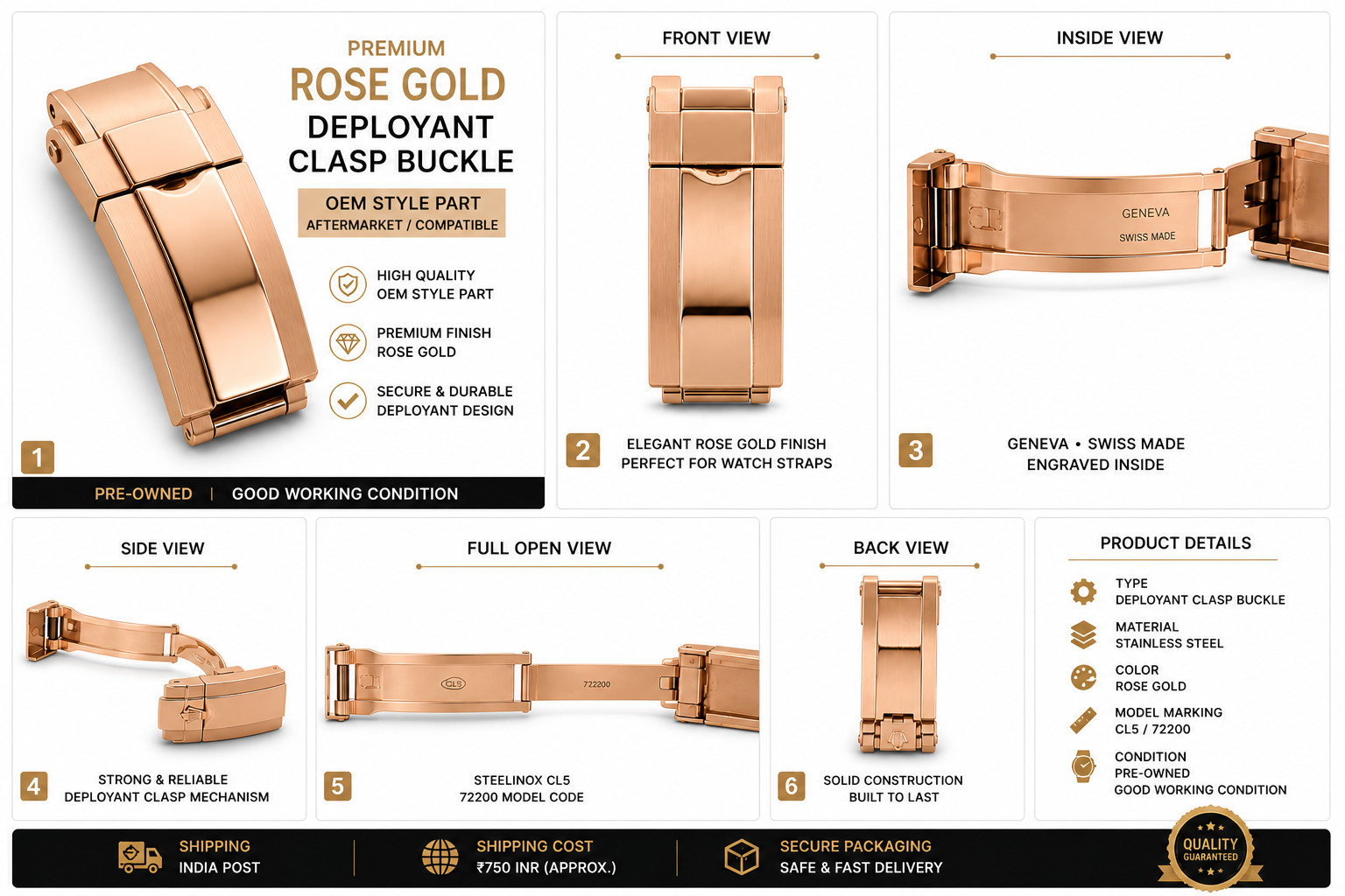 Rose Gold Deployant Clasp Buckle Stainless Steel Watch Strap Fold 16 mm