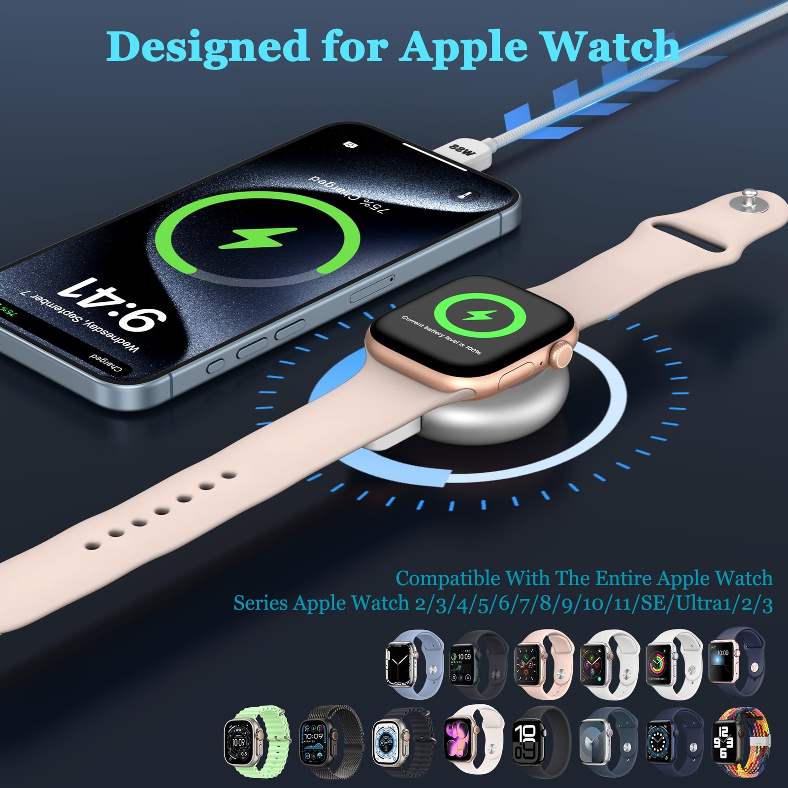 【5W】 for Apple Watch Charger, Portable iWatch Charger with 88W Cable,