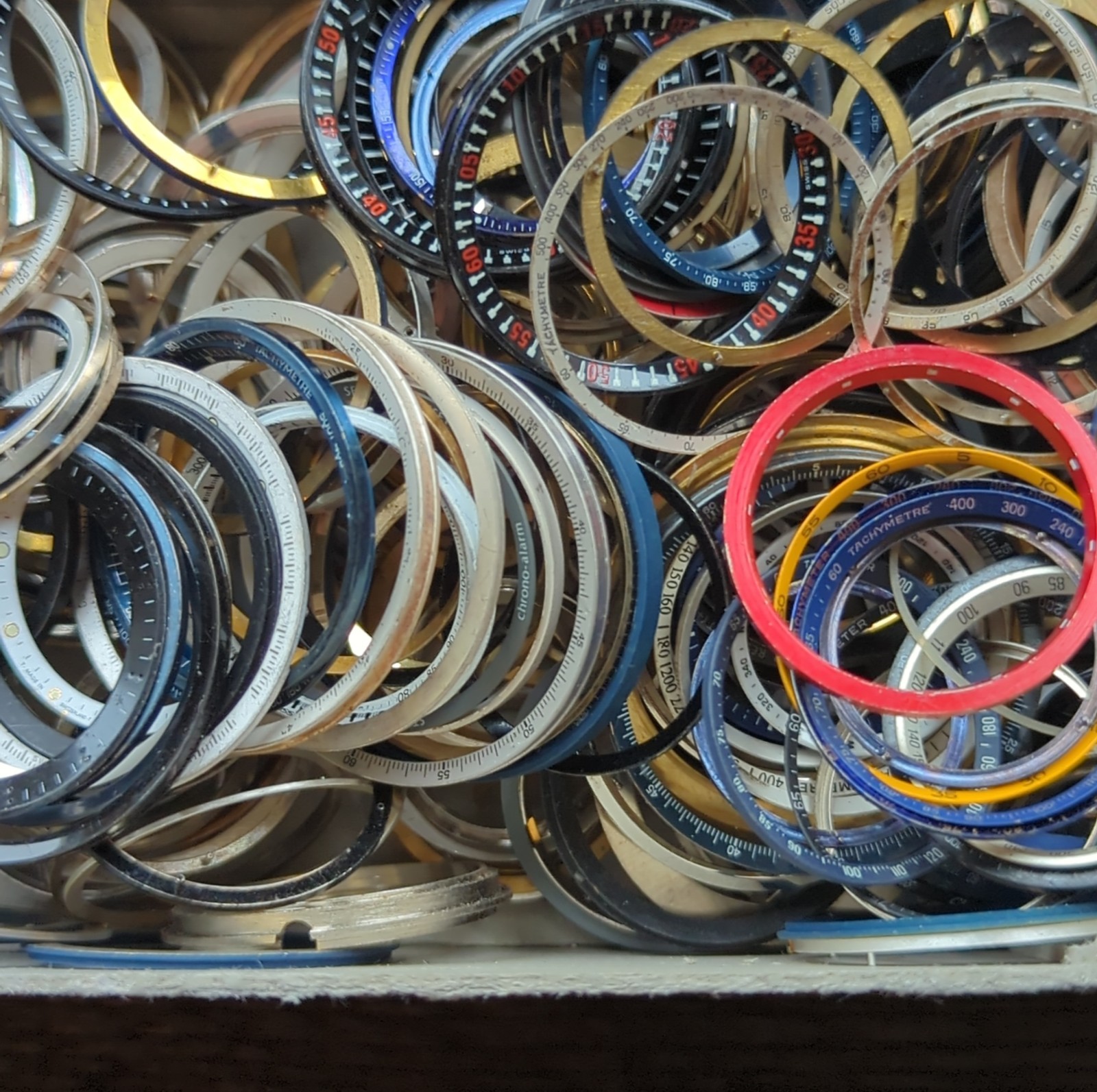 Large Lot of VTG Watch Tachy, Crystal, Case & Dial Inserts Watch Parts