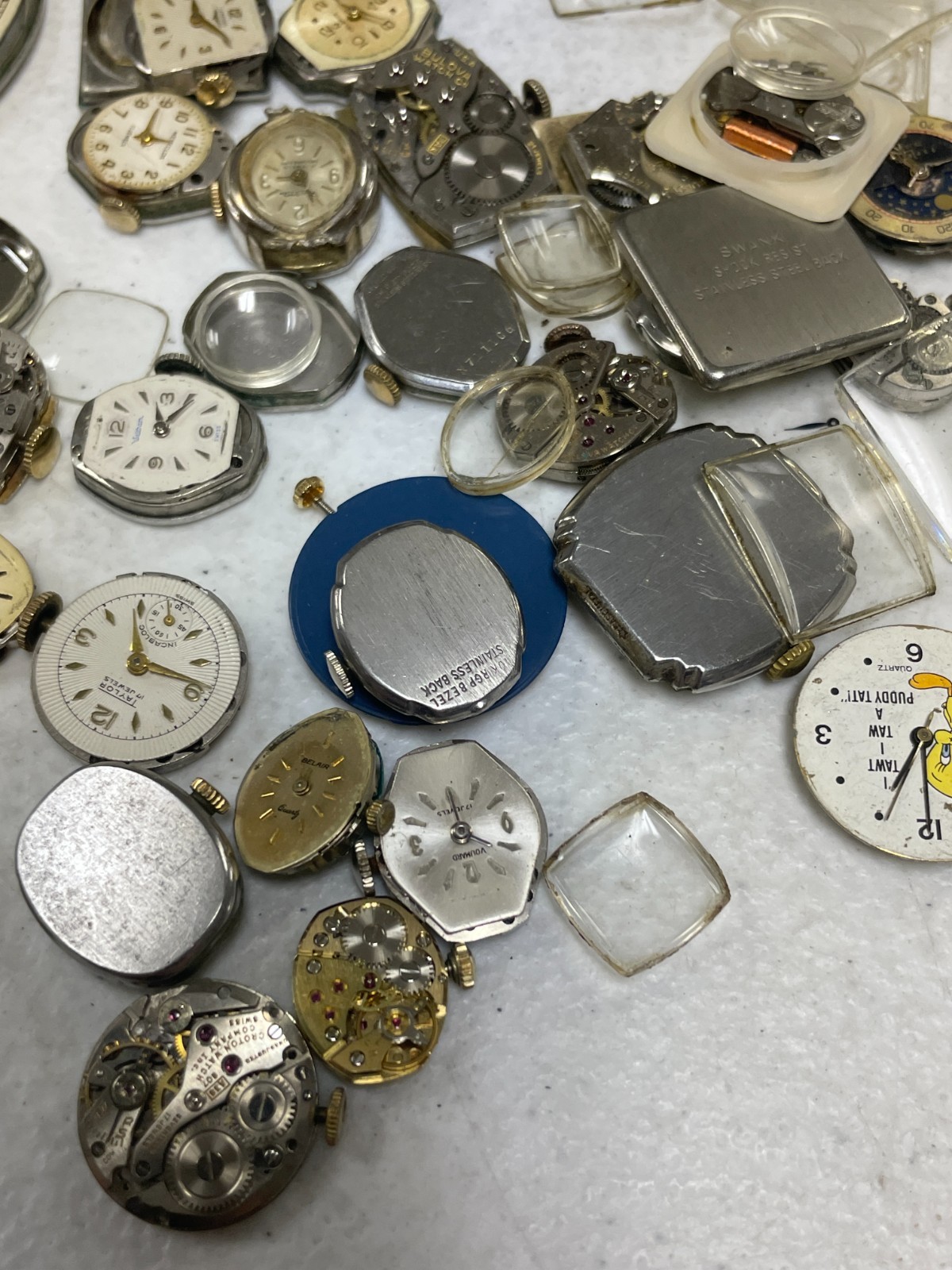 Vintage Watch Repair Parts Lot Movements Cases Dials Crystals Bulova Elgin Craft