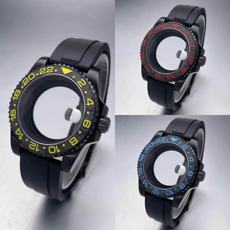 40Mm NH35 Watch Case All Black Sub Style Rubber Strap Sapphire Crystal Stainless