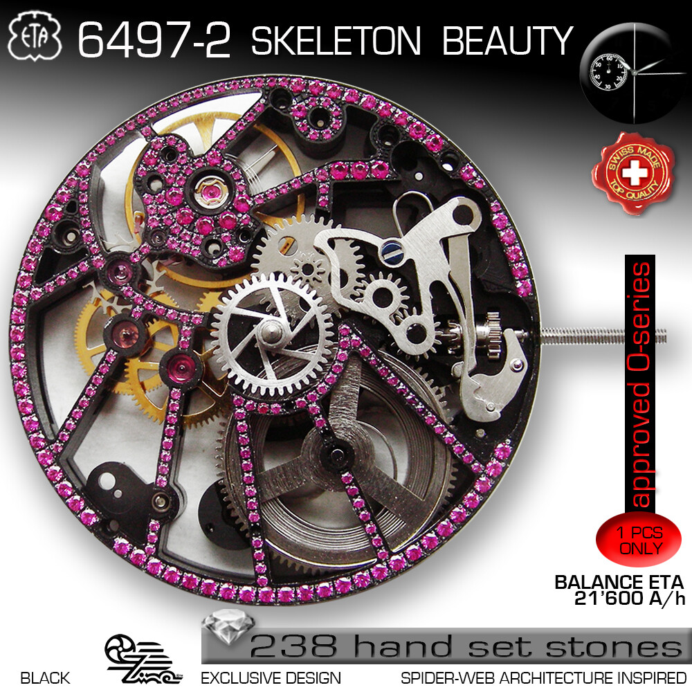 MOVEMENT ETA UNITAS 6497-2, BL109, SPIDER SKELETON, RED STONE DECORATED, SWISS