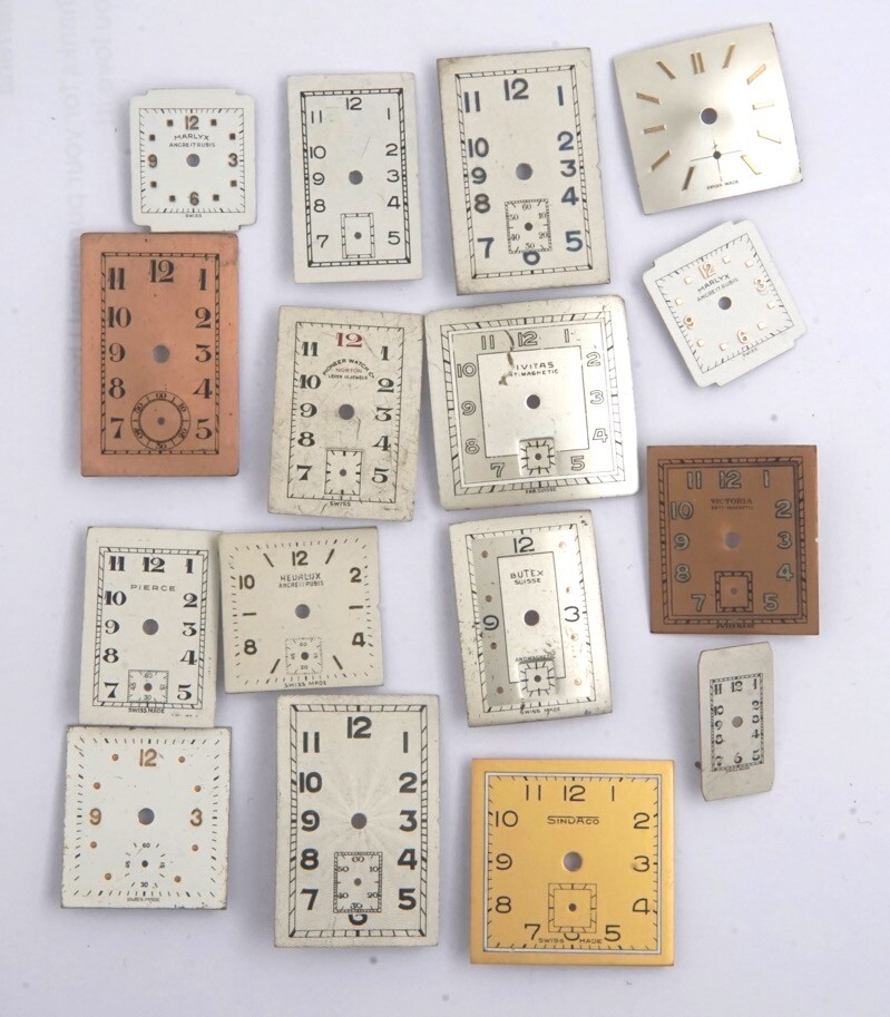 VARIOUS WRISTWATCH DIALS X 16 ART DECO TANK SQUARE AND RECTANGULAR AC160