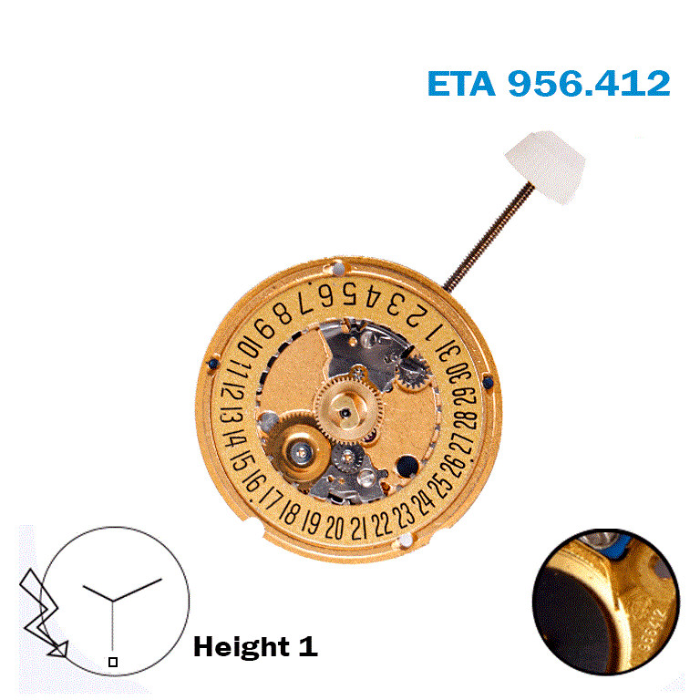 ETA Swiss Made Movement 956.412, Gold Date Disk At 6, 3Hands, Height 1.
