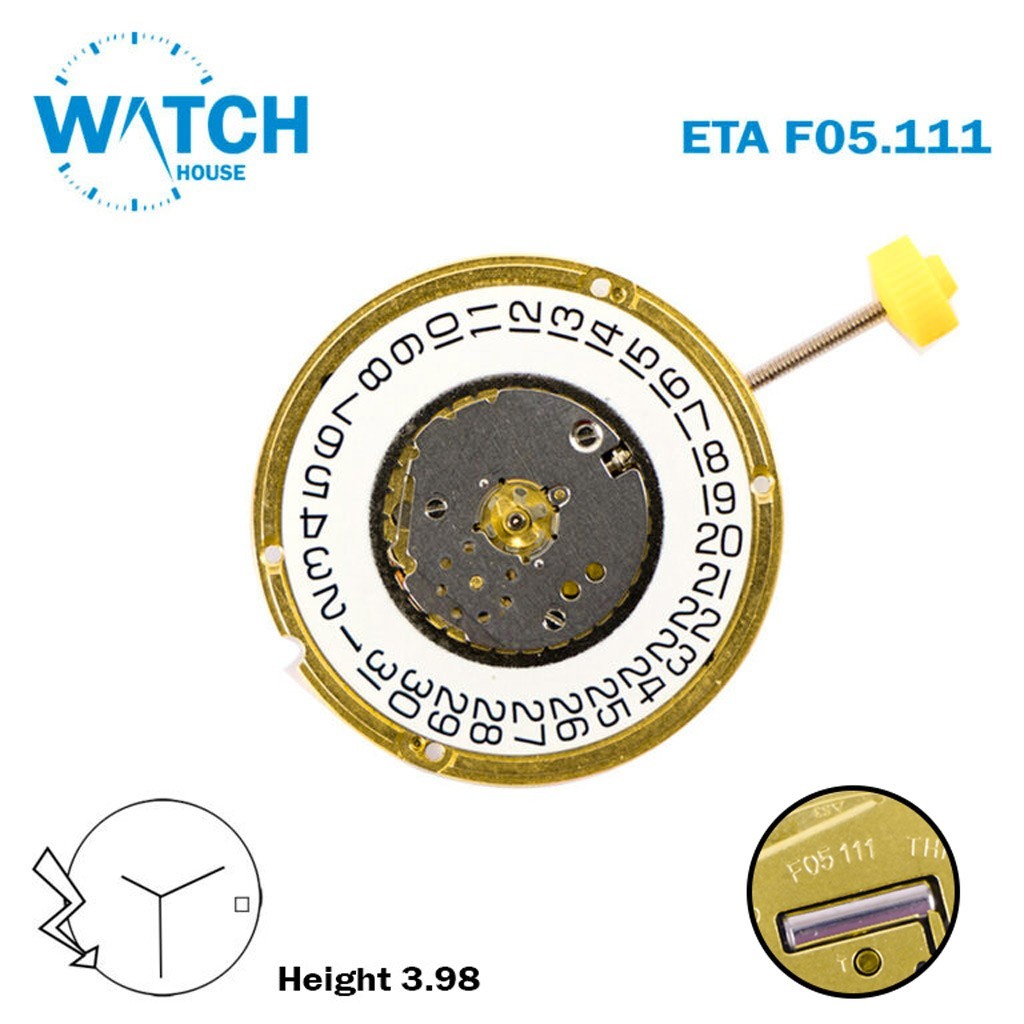 ETA F05.111 Swiss Movement Quartz, White Date Disk at 3, 3 Hands, Height 1