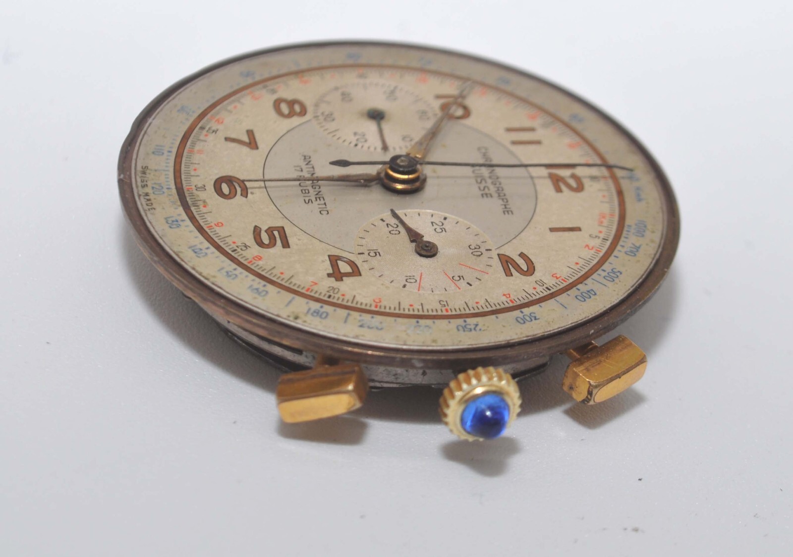 Suisse 17 Rubis Swiss Chronograph Watch Movement Complete Dial & Crown for Parts