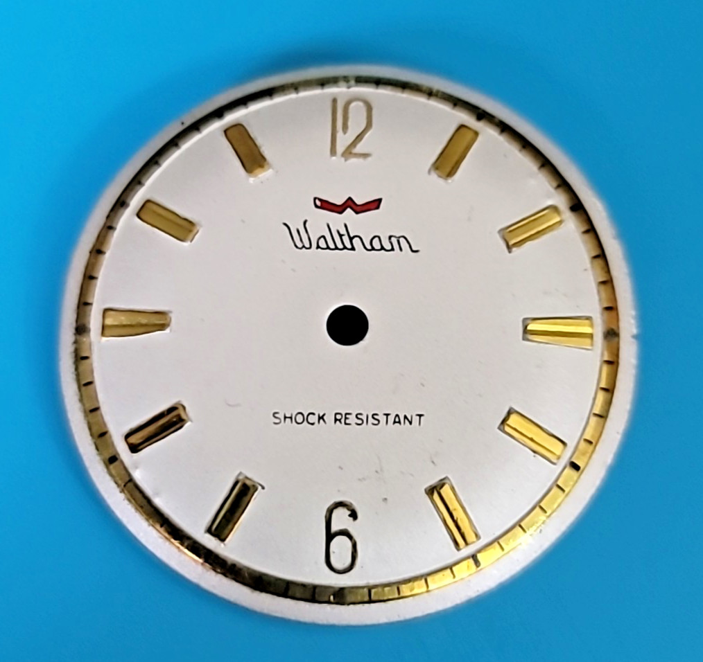 SB5-A: Waltham Watch Dial 28mm Silver Gold Markers Shock Resistant Swiss Vintage